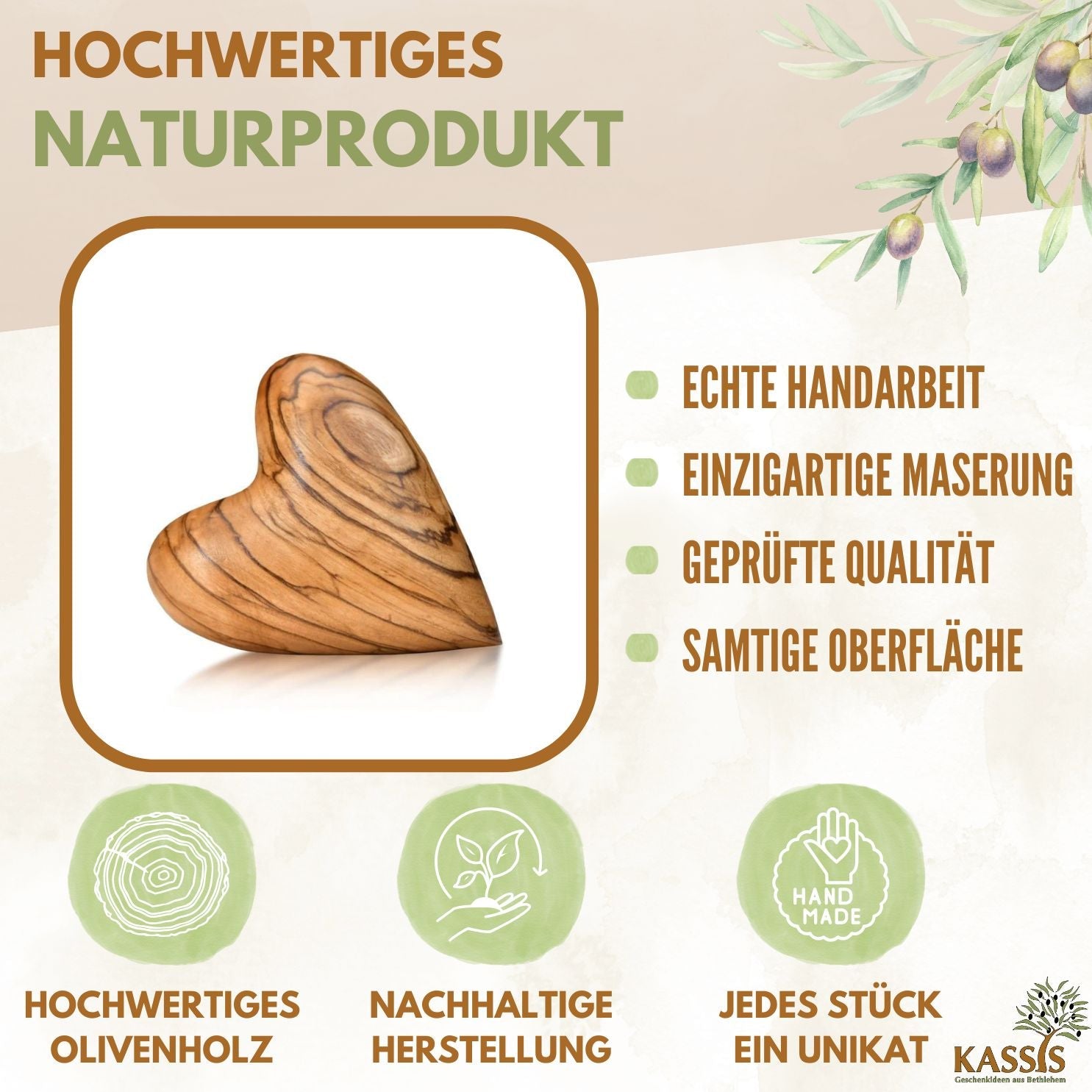Olivenholz Herz von Zeus, handgefertigt, ideal als Glücksbringer oder Geschenk