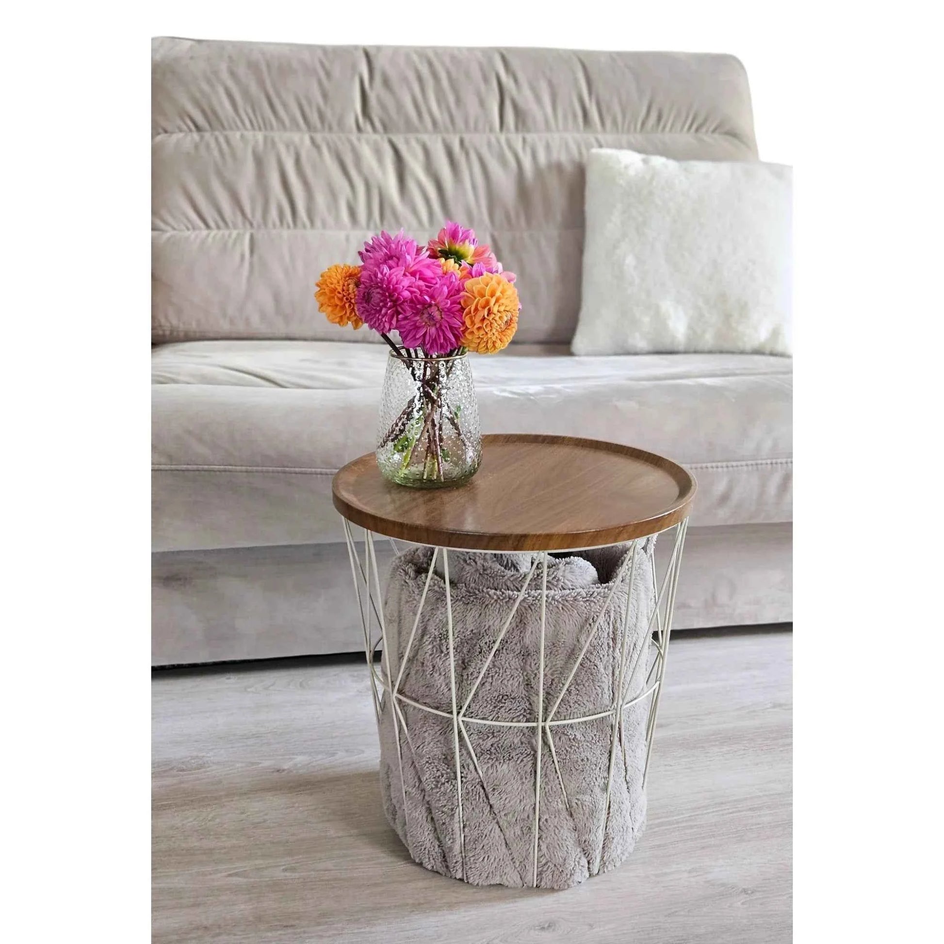 Beistelltisch warmes grau Nussbaum Rund Couchtisch 37x40 cm Metall Holz
