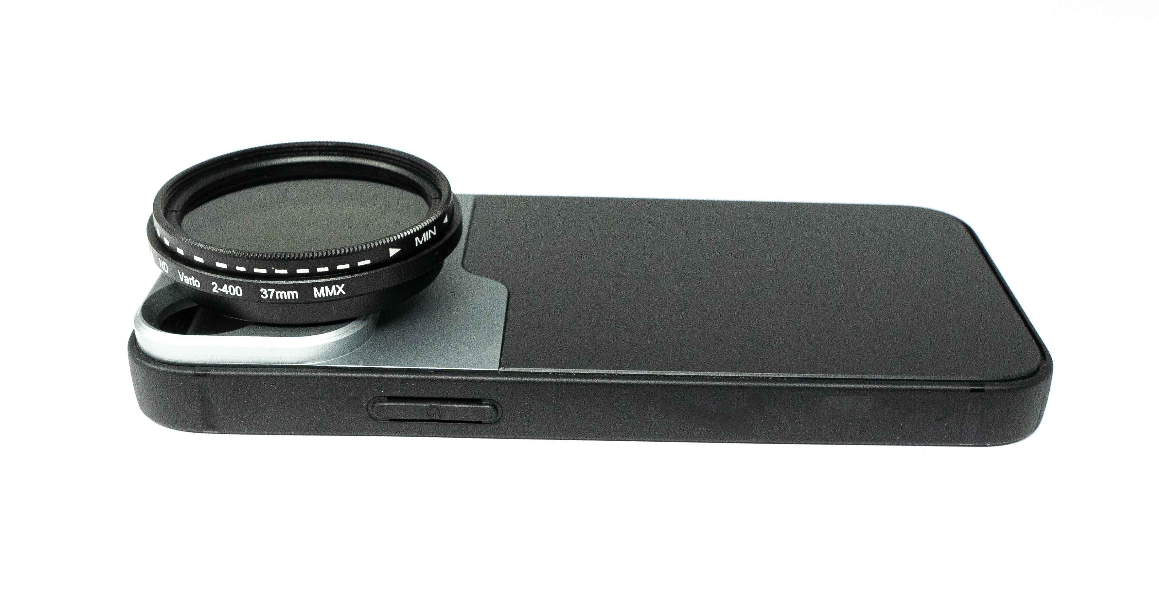 SYSTEM-S ND Vario Filter 37 mm 2 bis 4000 Neutraldichte mit Hülle für iPhone 13 Mini