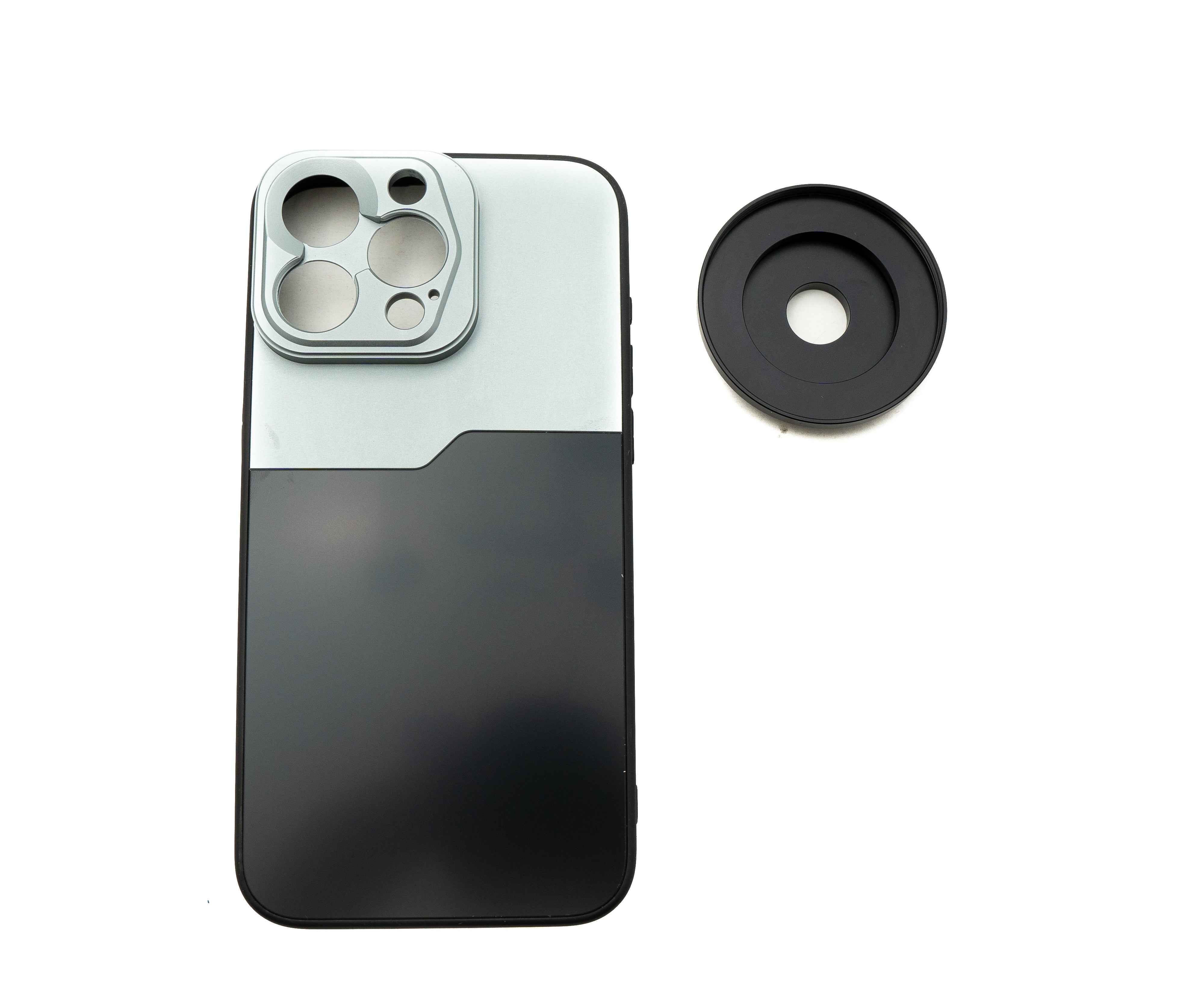 SYSTEM-S Objektiv Hülle 52 mm kompatibel mit Effekt Linse mit Gewinde für iPhone 15 Pro Max in Schwarz Grau