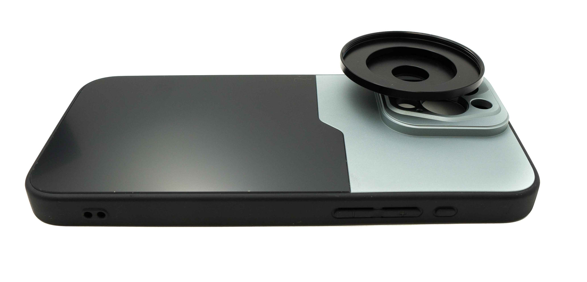 SYSTEM-S Objektiv Hülle 52 mm kompatibel mit Effekt Linse mit Gewinde für iPhone 15 Pro Max in Schwarz Grau