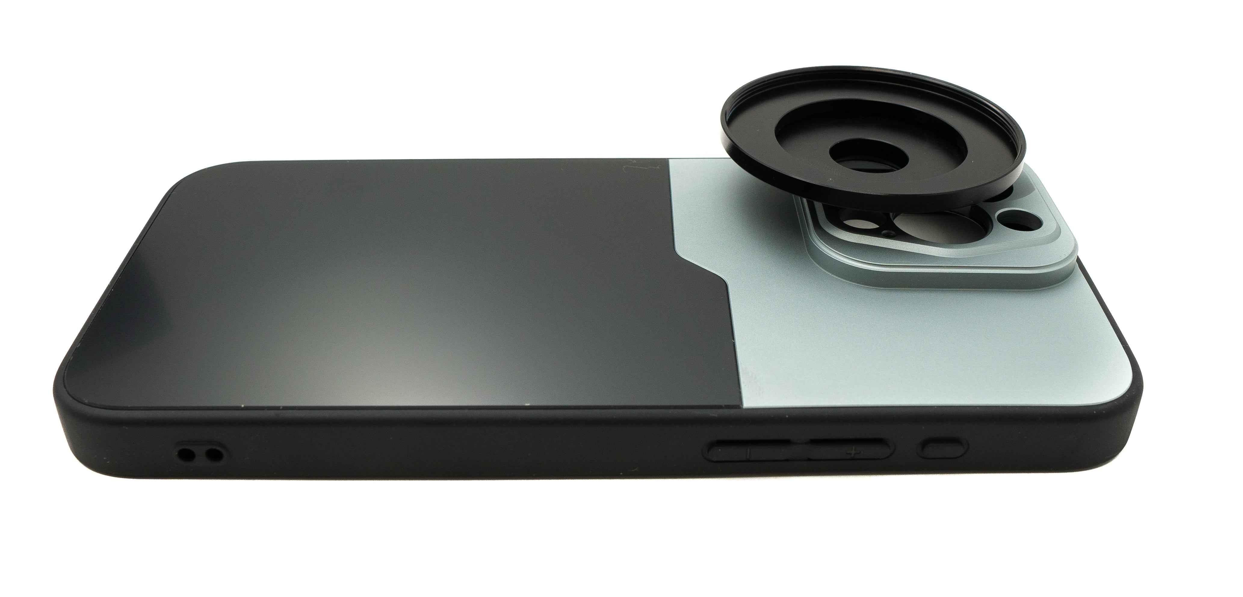 SYSTEM-S Objektiv Hülle 52 mm kompatibel mit Effekt Linse mit Gewinde für iPhone 15 Pro Max in Schwarz Grau