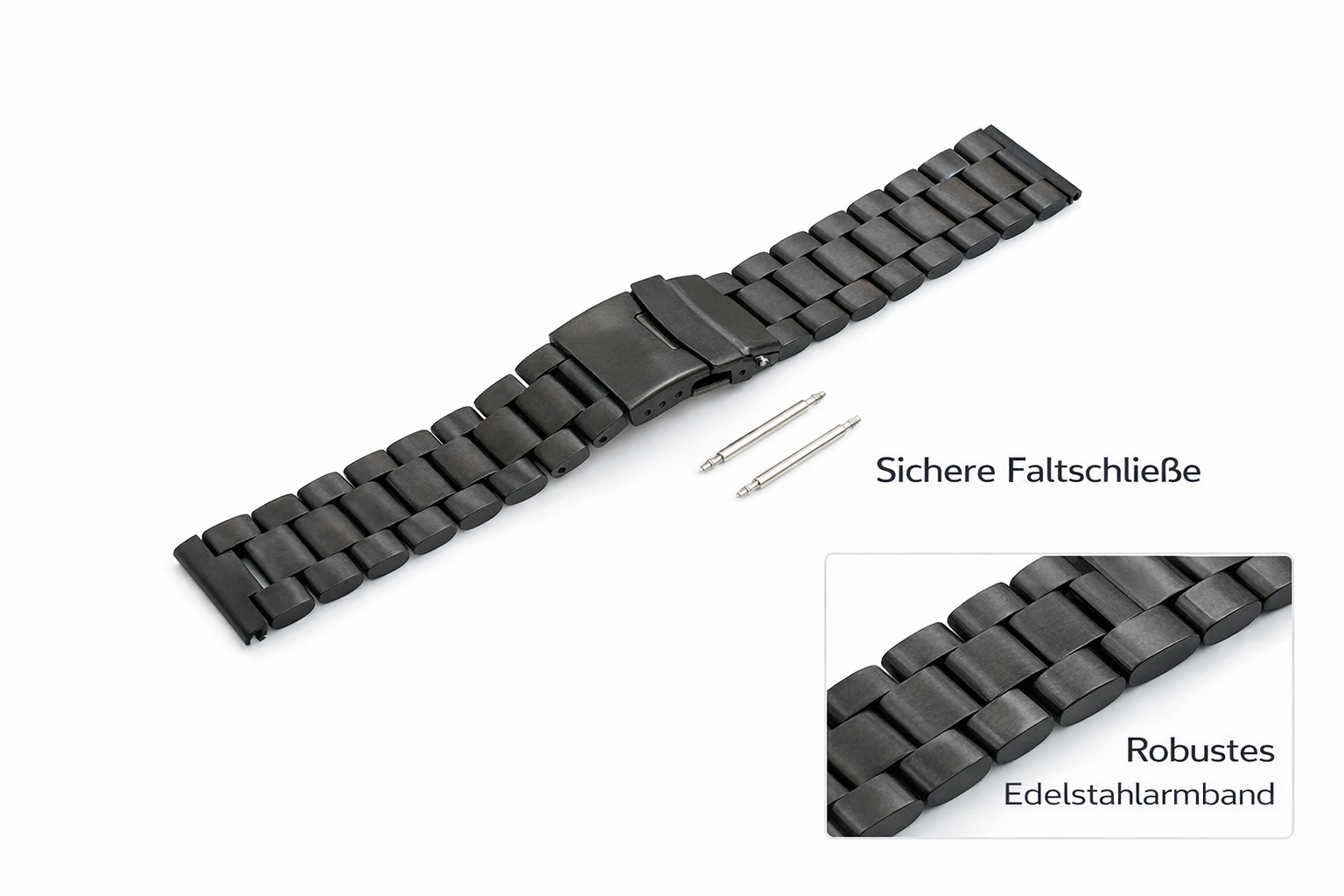 Uhrenarmband Edelstahl schwarz 22 mm mit Faltschließe und Federstegen | System-S