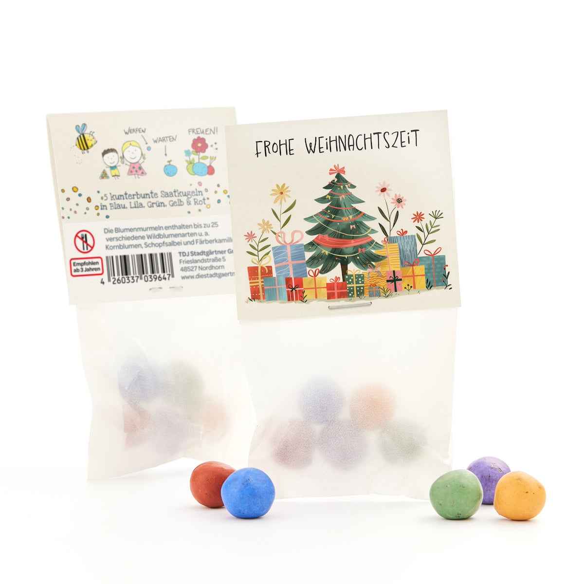 10x5 Blumenmurmeln im Tütchen "Frohe Weihnachtszeit"