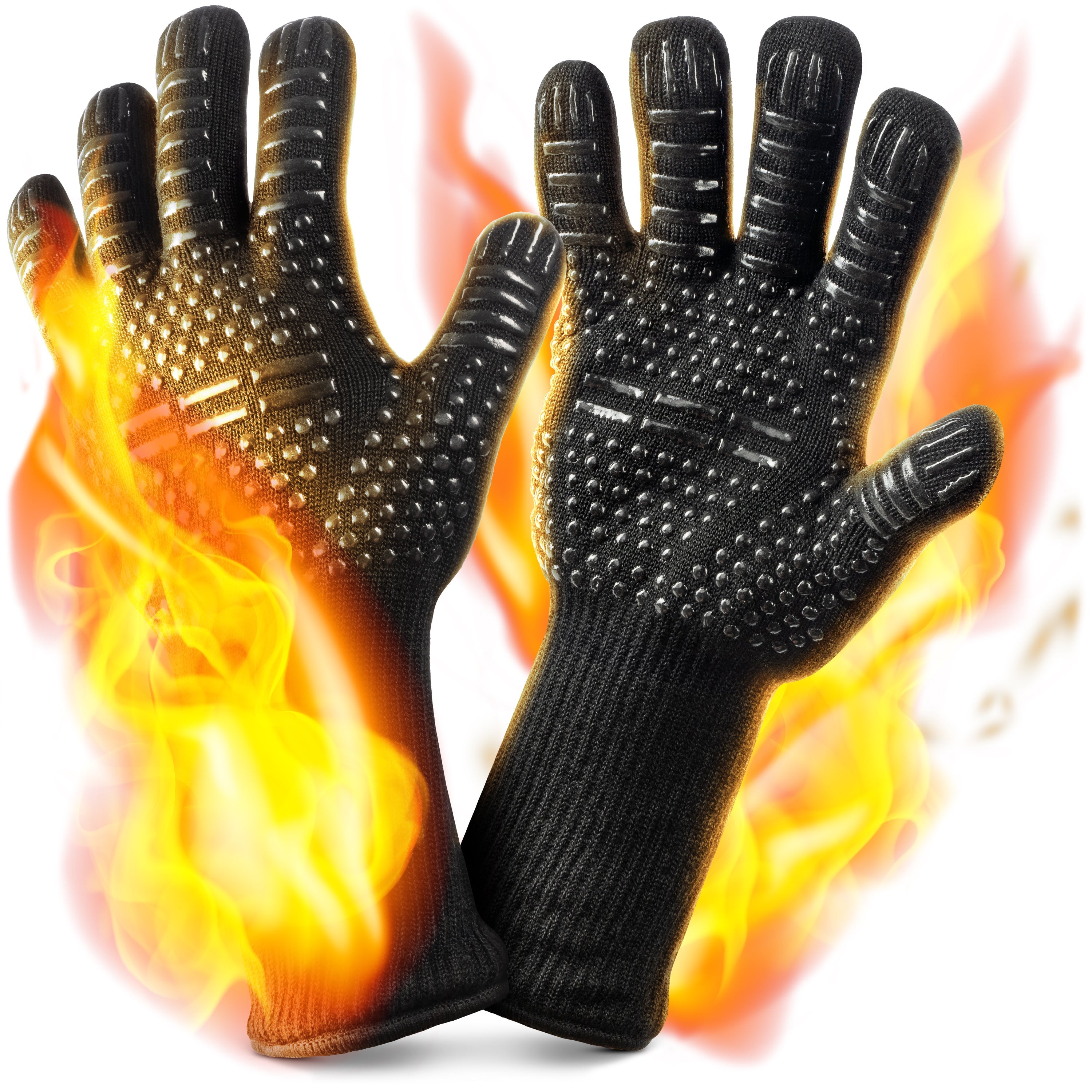 Schwarze Aramid Grillhandschuhe, hitzebeständig bis 800°C, ideal für BBQ und Grillen