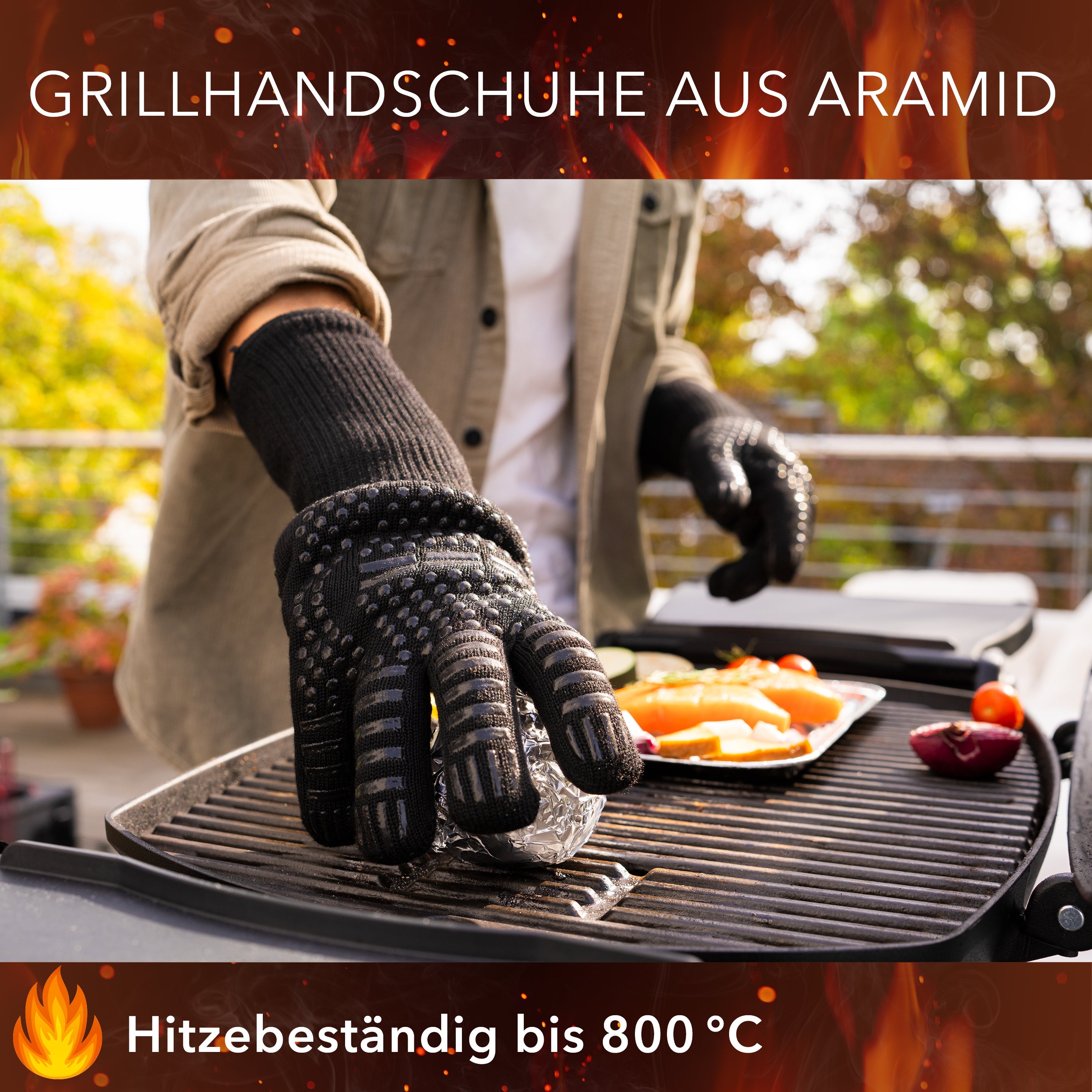 Aramid Grillhandschuhe in Schwarz, hohe Hitzebeständigkeit bis 800°C für sicheres Grillen