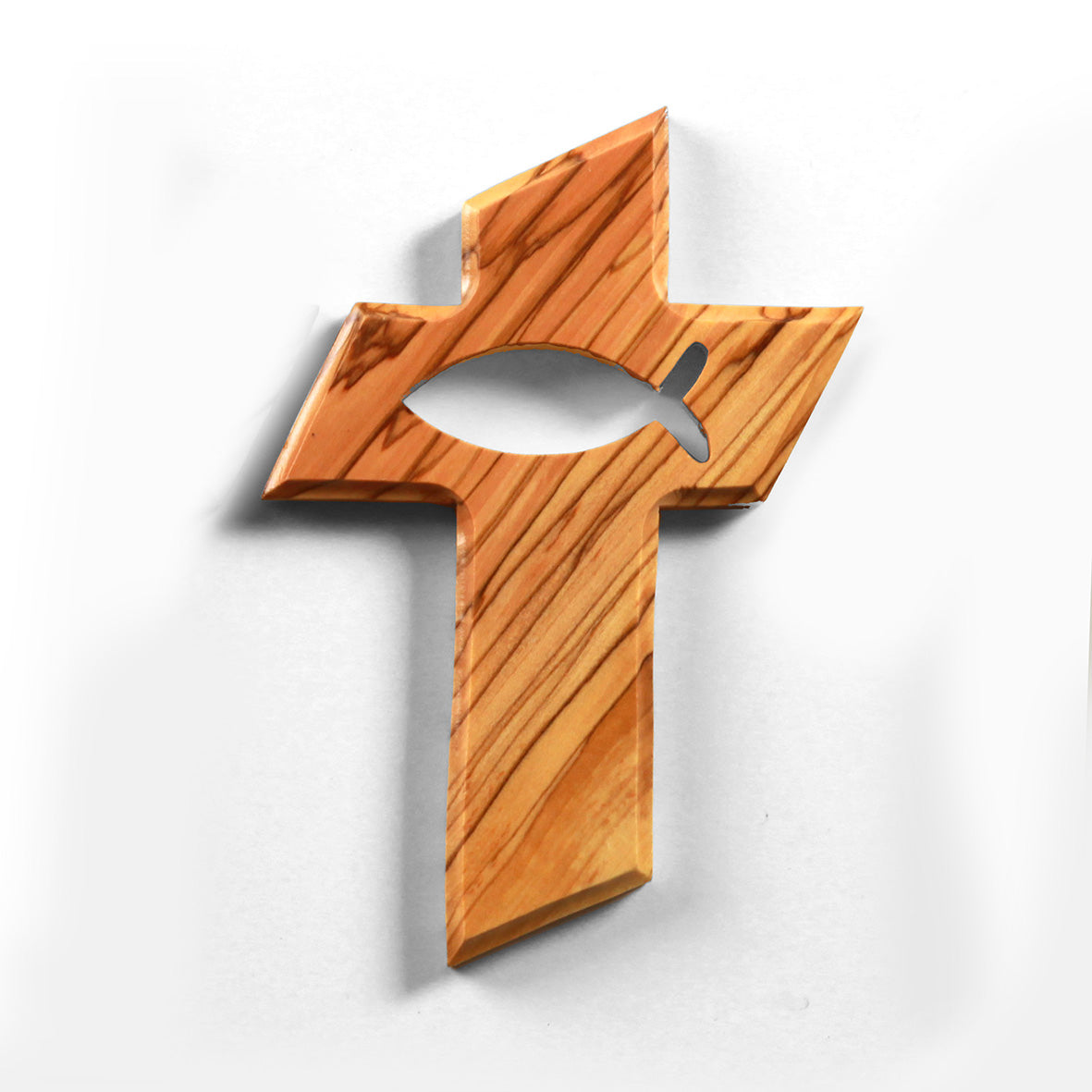 Olivenholz Wandkreuz mit Fisch von Zeus, naturbelassenes Design