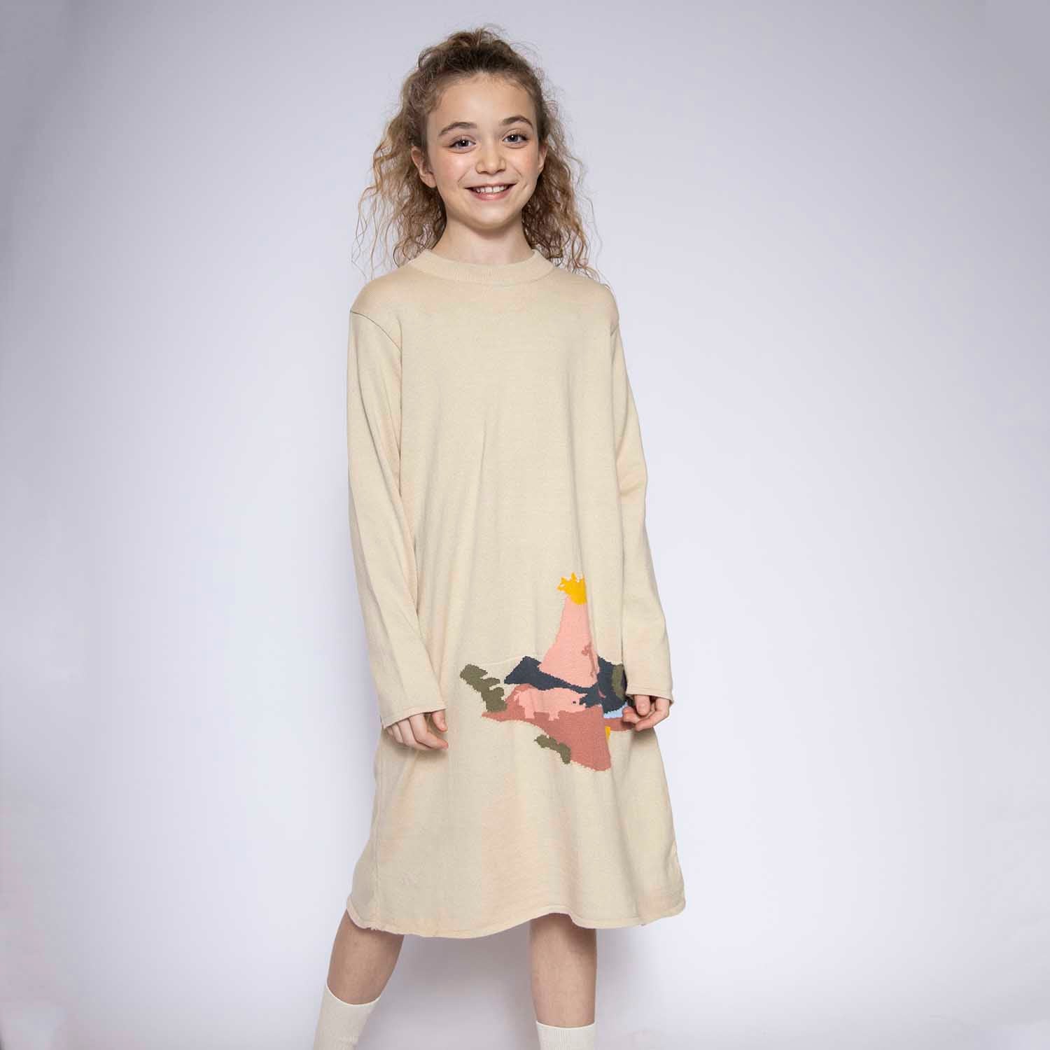 Beige Knitted Dress for Girls-1