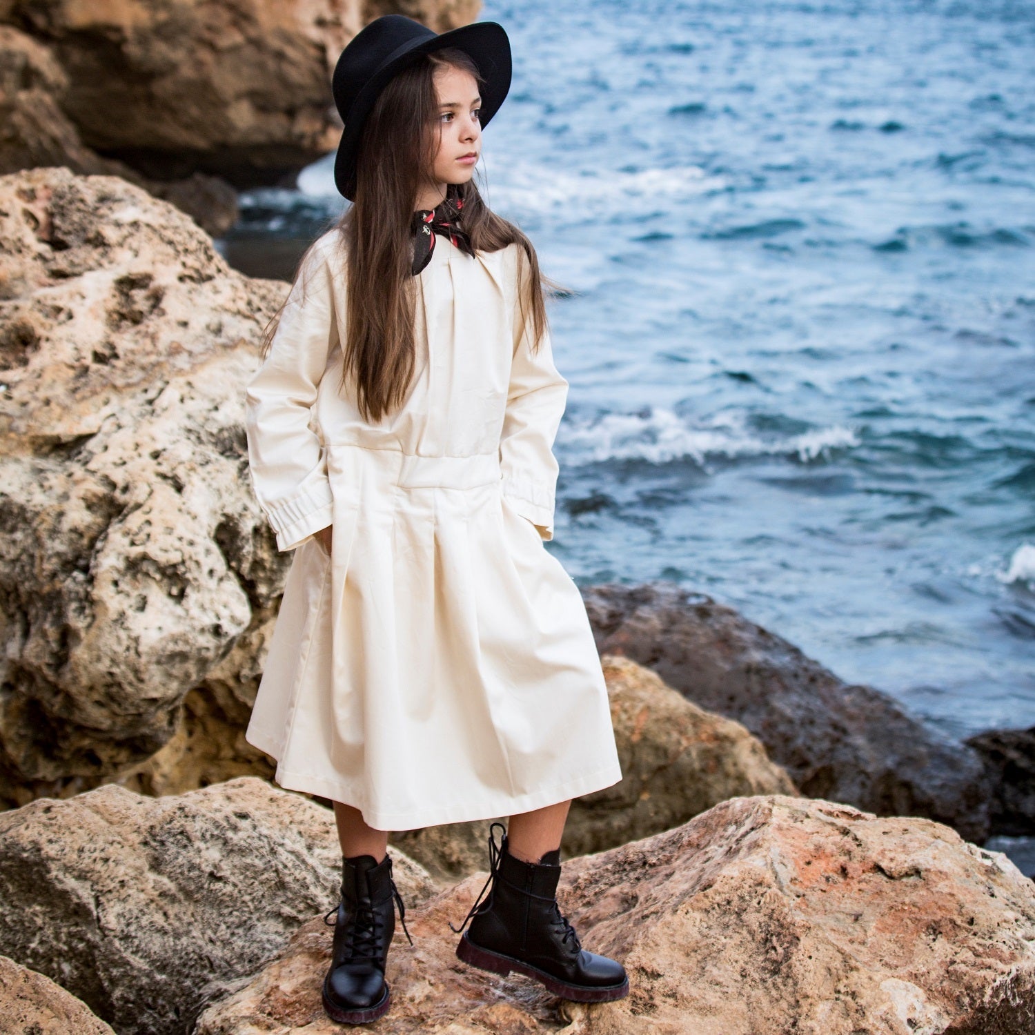 Beige Cotton Dress for Girls-1