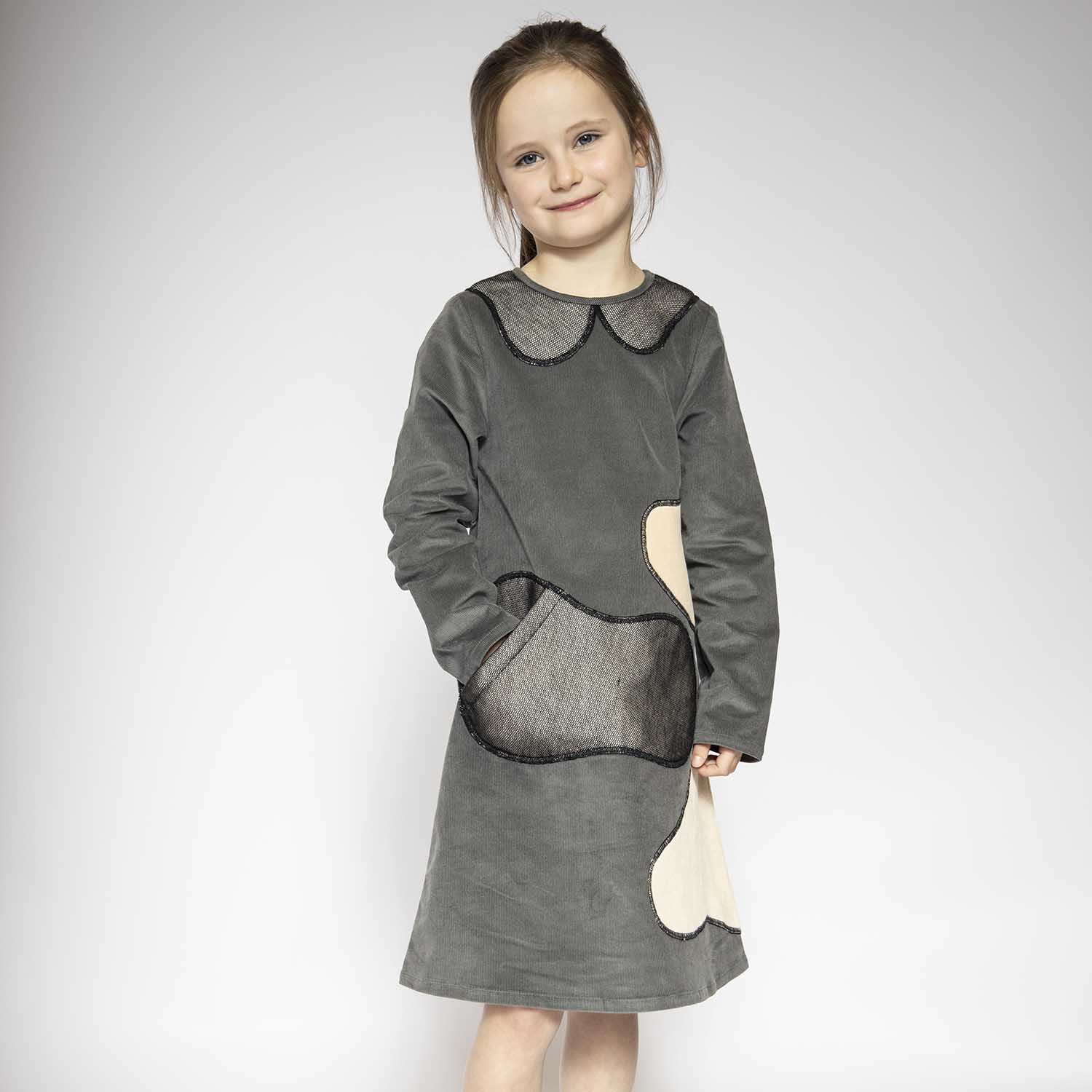 Kids Grey Velvet A-line Dress-1