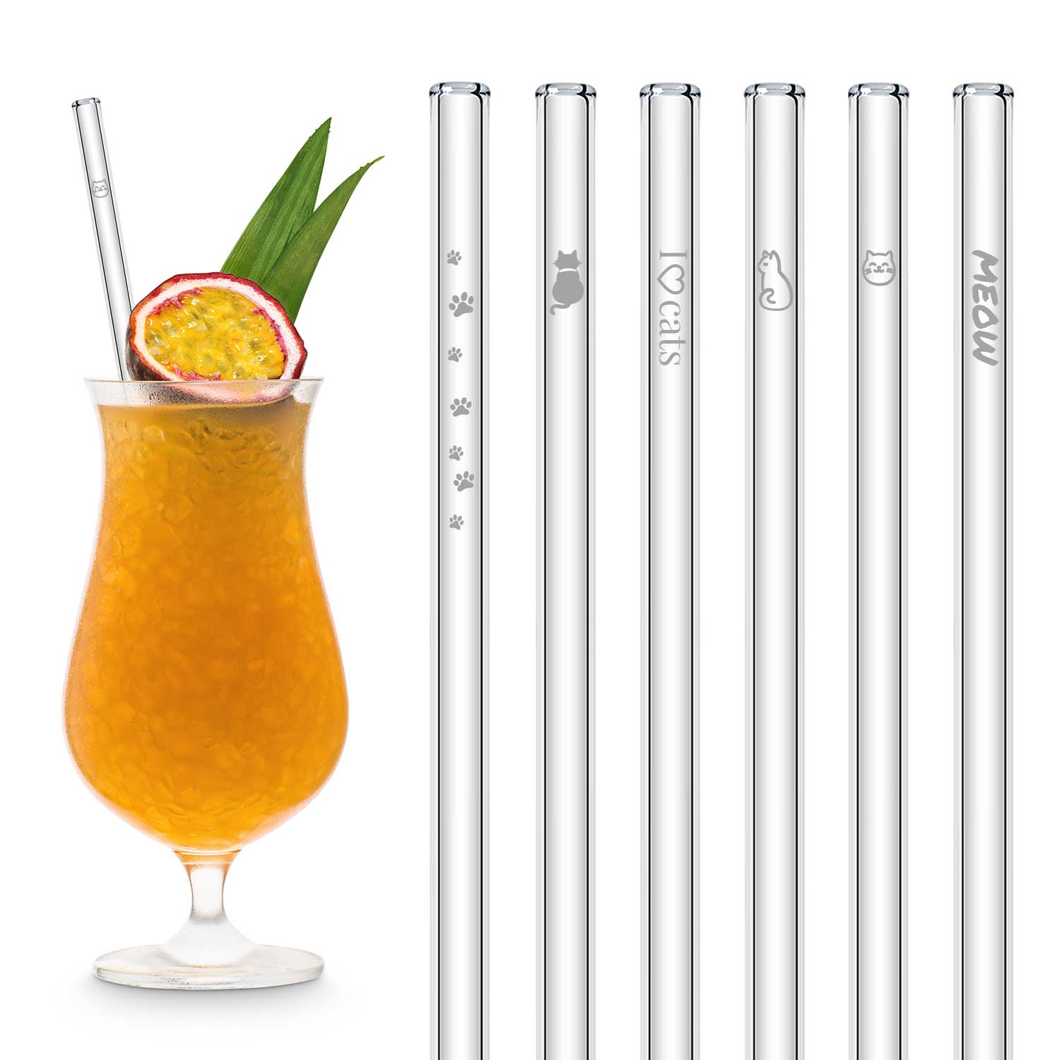 Glasstrohhalme mit Katzenmotiv graviert 6er Set 15/20/23 cm | HALM Straws