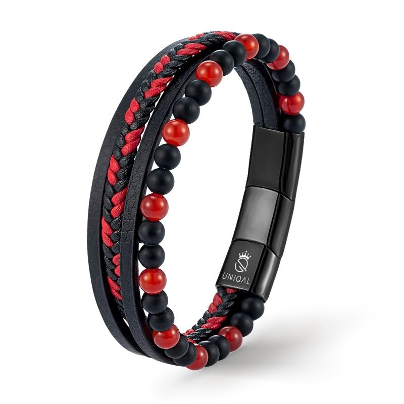 Fancy Agate Armband aus Leder und Stein in Schwarz und Rot