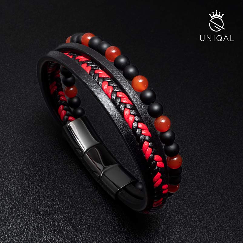 Fancy Agate Armband aus Leder und Stein in Schwarz und Rot