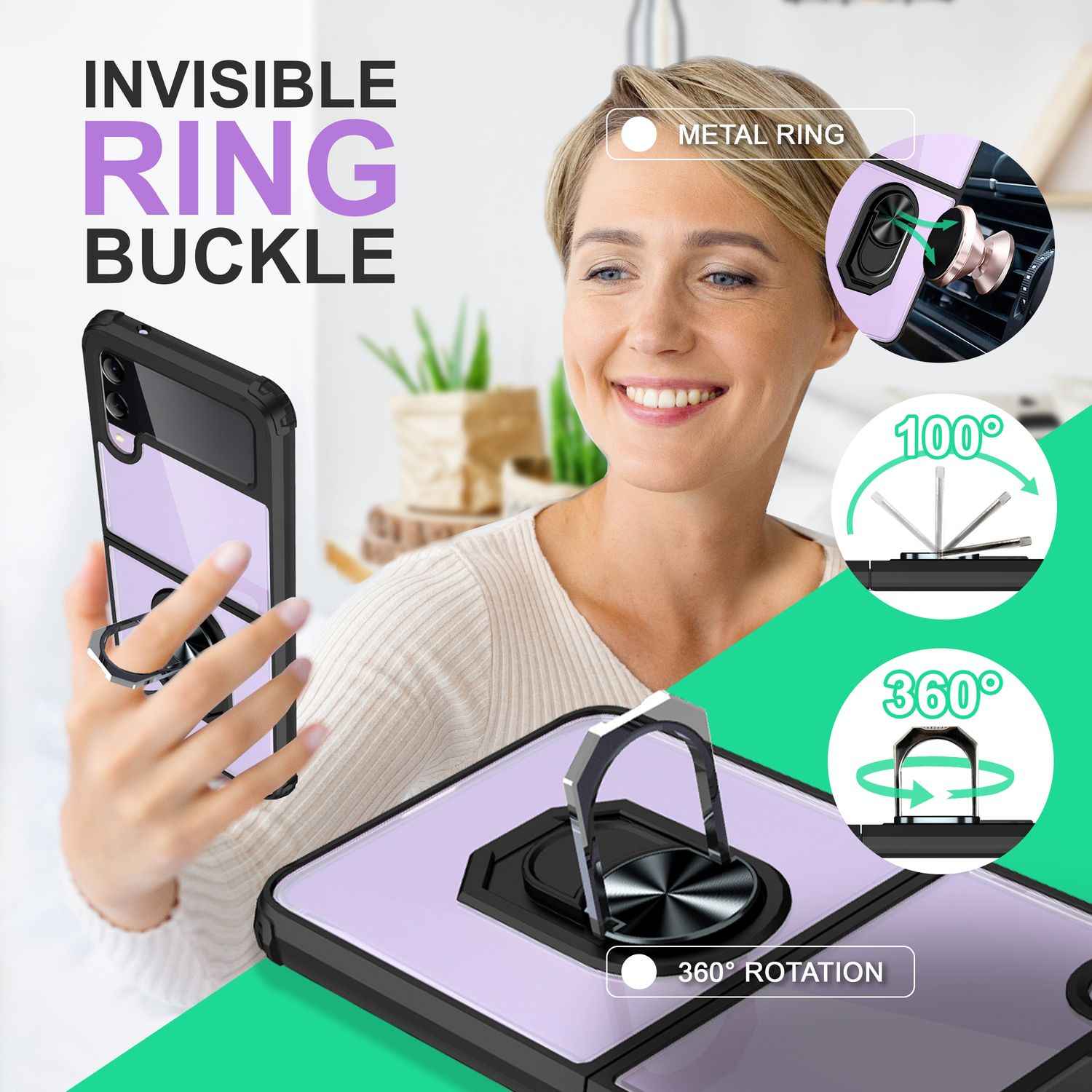 Ringhülle für Samsung Galaxy Z Flip4, Klar Kratzfest Schutzrahmen 360 Ring Hülle