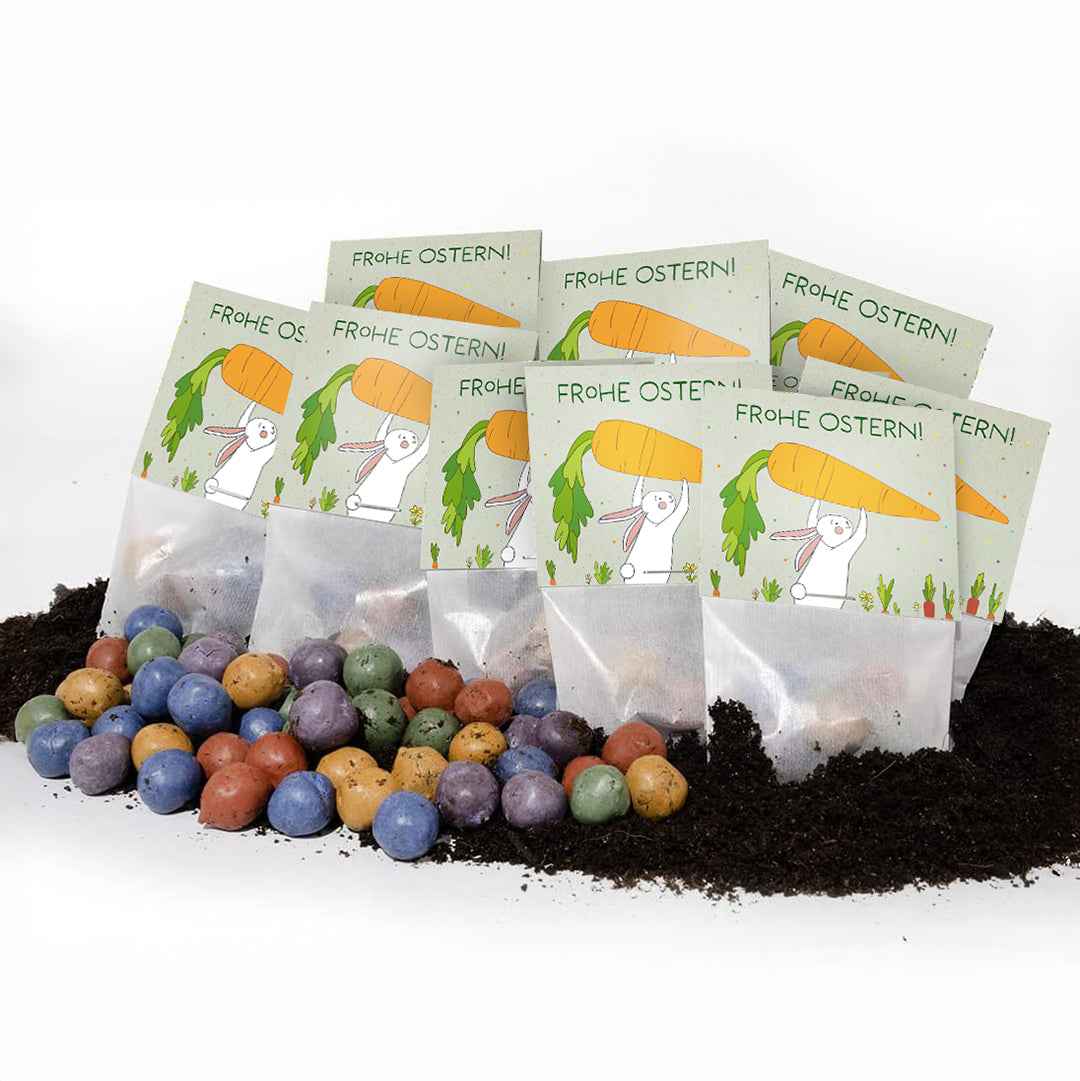 10x5 Blumenmurmeln im Tütchen "Hase mit Möhren"
