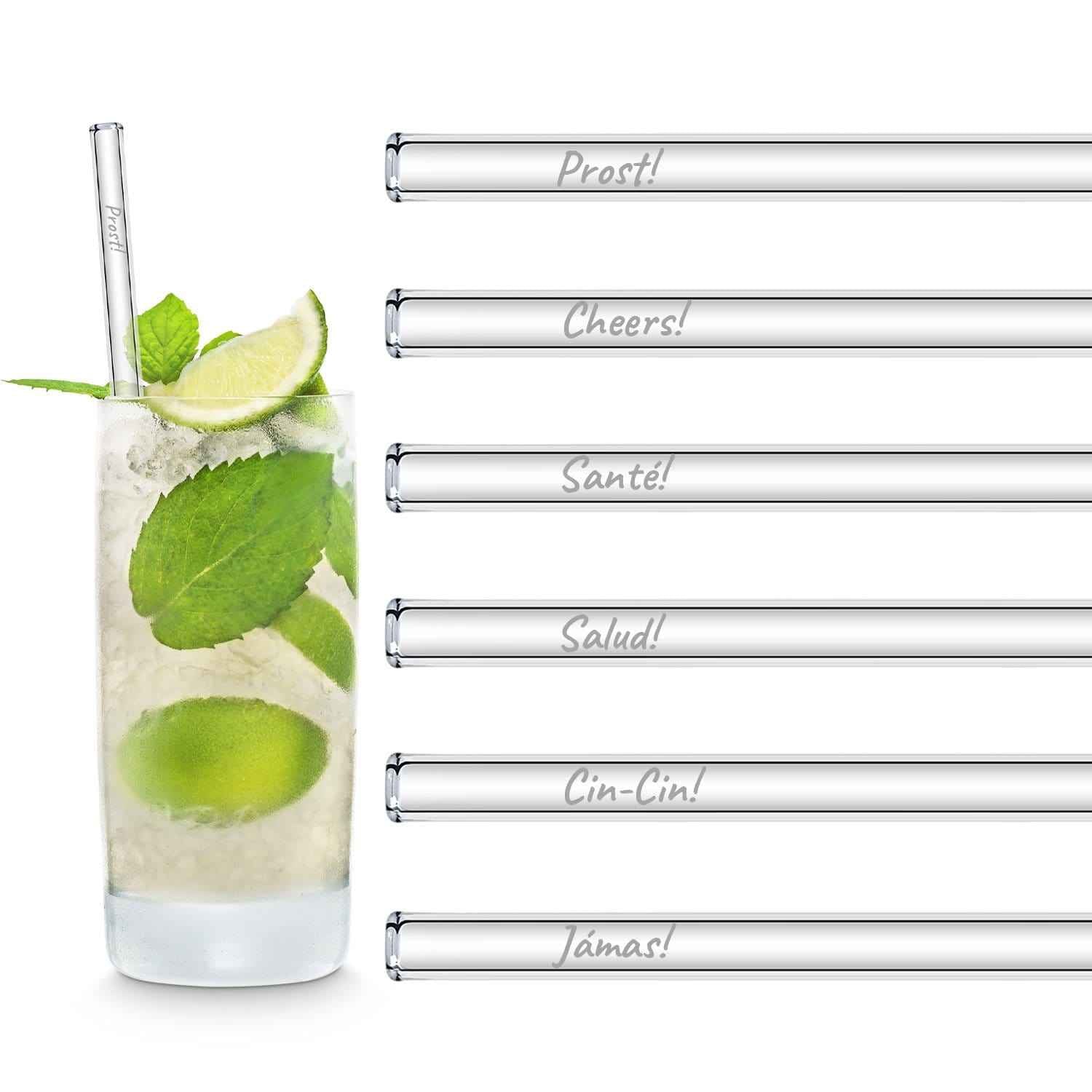 International Anstoßen Edition 20cm Glastrinkhalme „Prost“ in 6 verschiedenen Sprachen