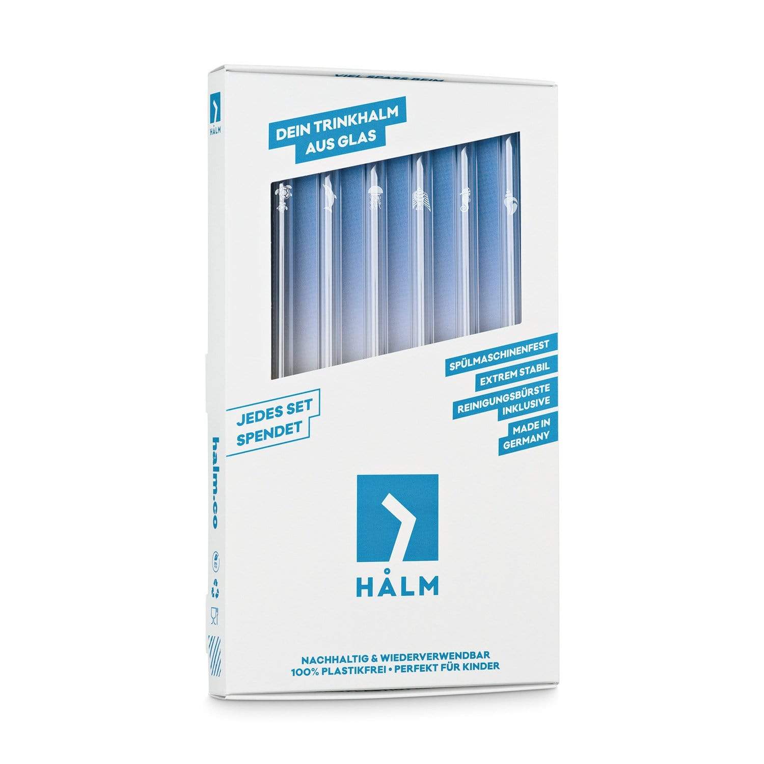 Glasstrohhalme mit Meeresmotiven 6er Set 15-23 cm spülmaschinenfest