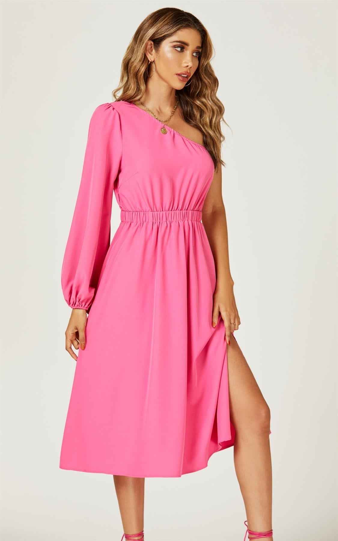 One Shoulder Split Leg Midi Dress In Fuchsia Print