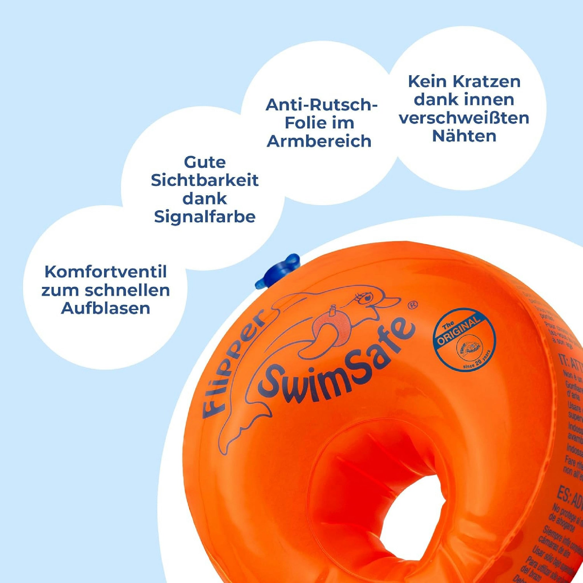 Flipper SwimSafe - Schwimmhilfe für Kleinkinder, Schwimmflügel mit unzerbrechlichem PE-Schaumkern zum Schwimmen Lernen, Testsieger Stiftung Warentest 05/2024, Orange Hauptansicht