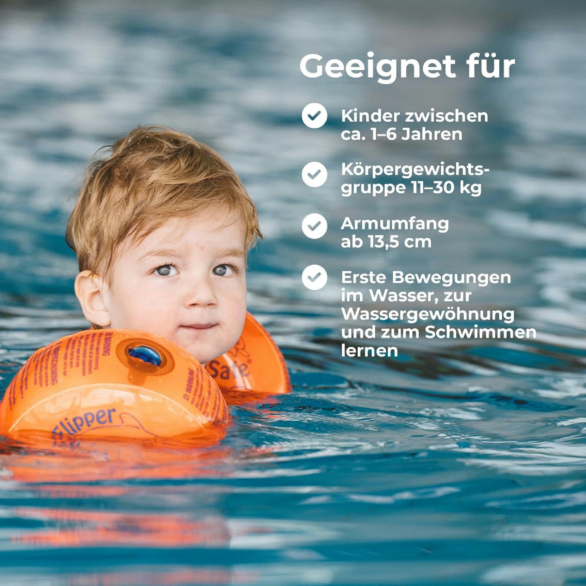 Flipper SwimSafe - Schwimmhilfe für Kleinkinder, Schwimmflügel mit unzerbrechlichem PE-Schaumkern zum Schwimmen Lernen, Testsieger Stiftung Warentest 05/2024, Orange Hauptansicht
