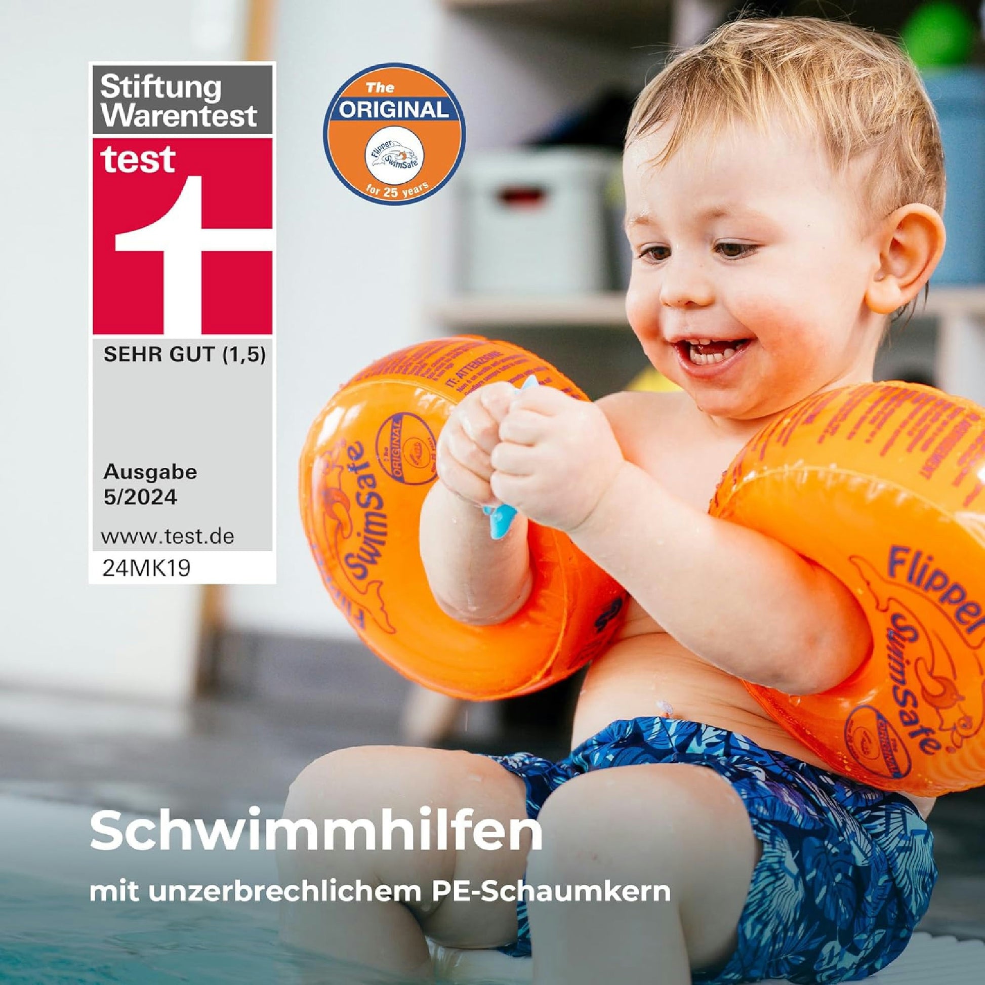 Flipper SwimSafe - Schwimmhilfe für Kleinkinder, Schwimmflügel mit unzerbrechlichem PE-Schaumkern zum Schwimmen Lernen, Testsieger Stiftung Warentest 05/2024, Orange Hauptansicht