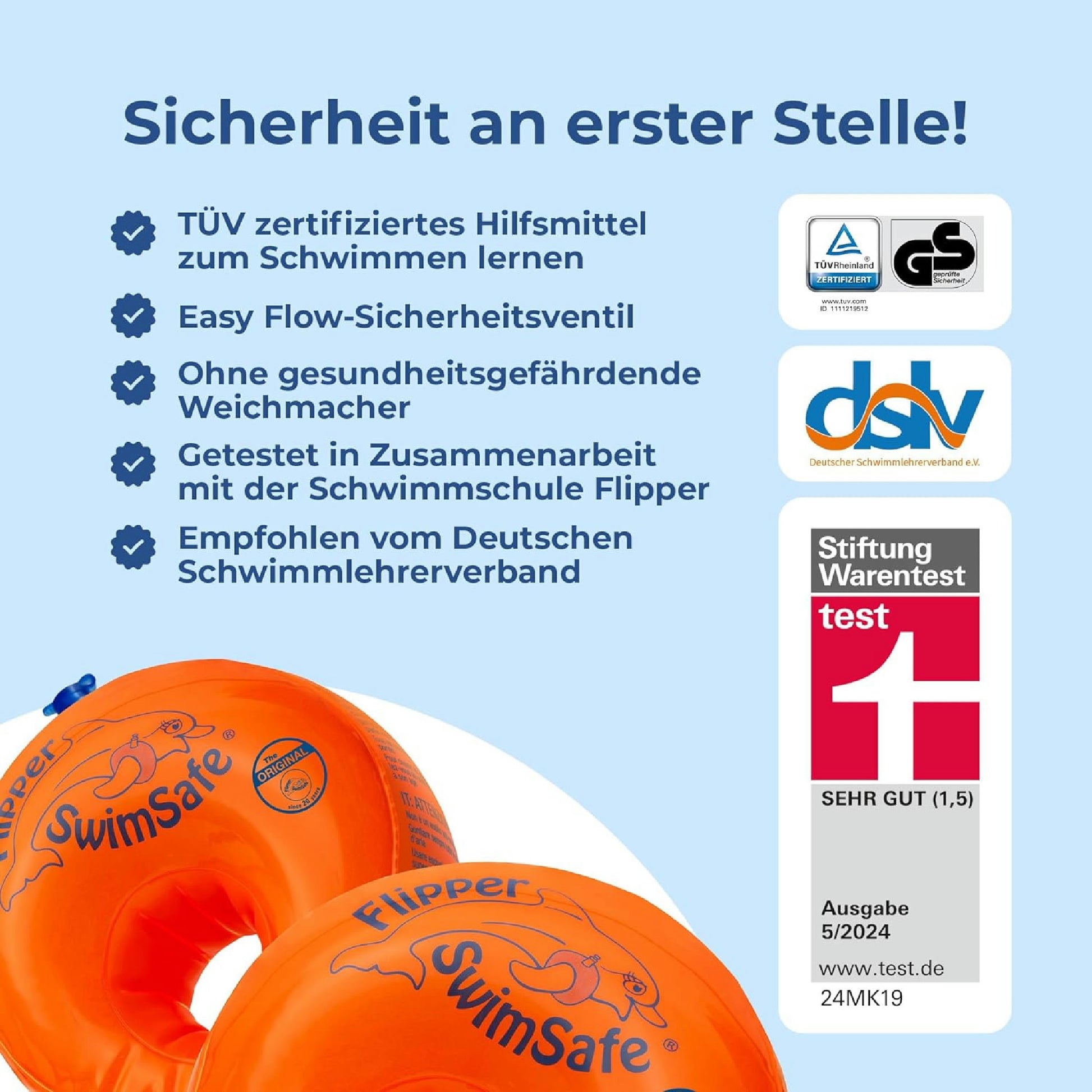 Flipper SwimSafe - Schwimmhilfe für Kleinkinder, Schwimmflügel mit unzerbrechlichem PE-Schaumkern zum Schwimmen Lernen, Testsieger Stiftung Warentest 05/2024, Orange Hauptansicht