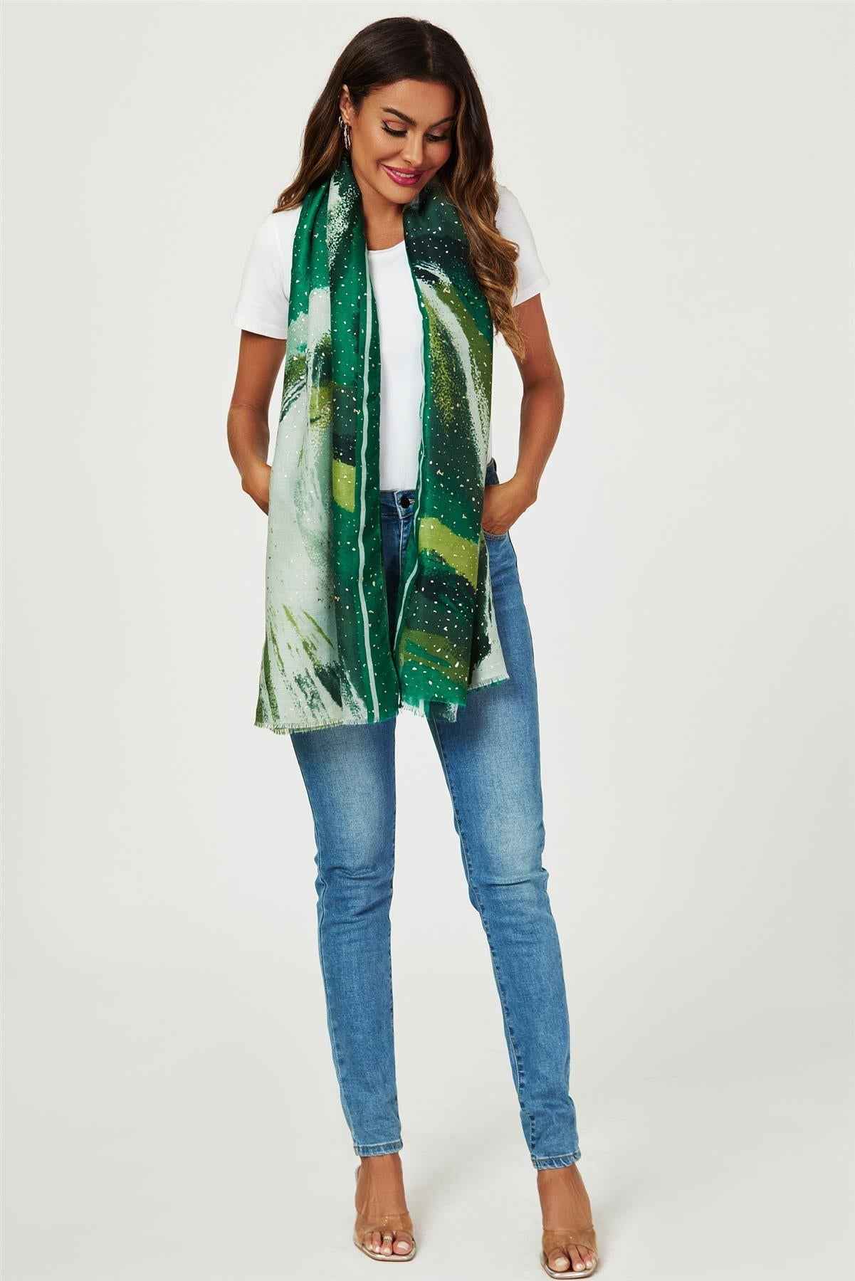 Gold Foil Abstract Brush Print Fringed edges Scarf In Green