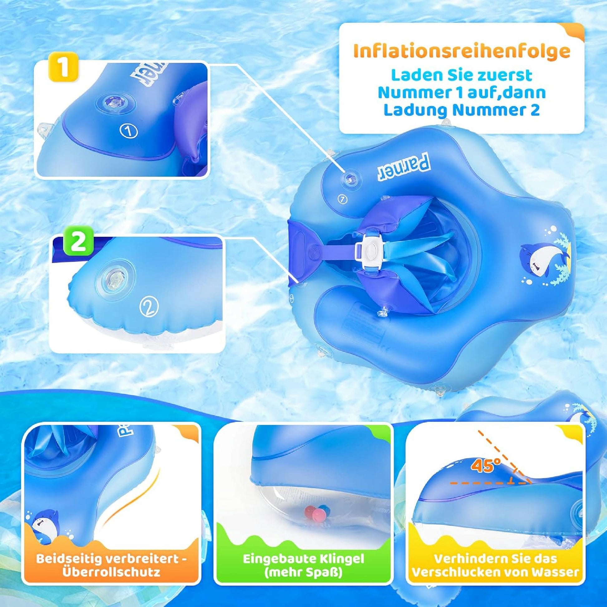 Parner Baby Schwimmring mit verstellbare Schultergurte, Schwimmreifen Baby, Baby Float Aufblasbare schwimmreifen Baby für Baby ab 3-36 Monate (blue S) Hauptansicht