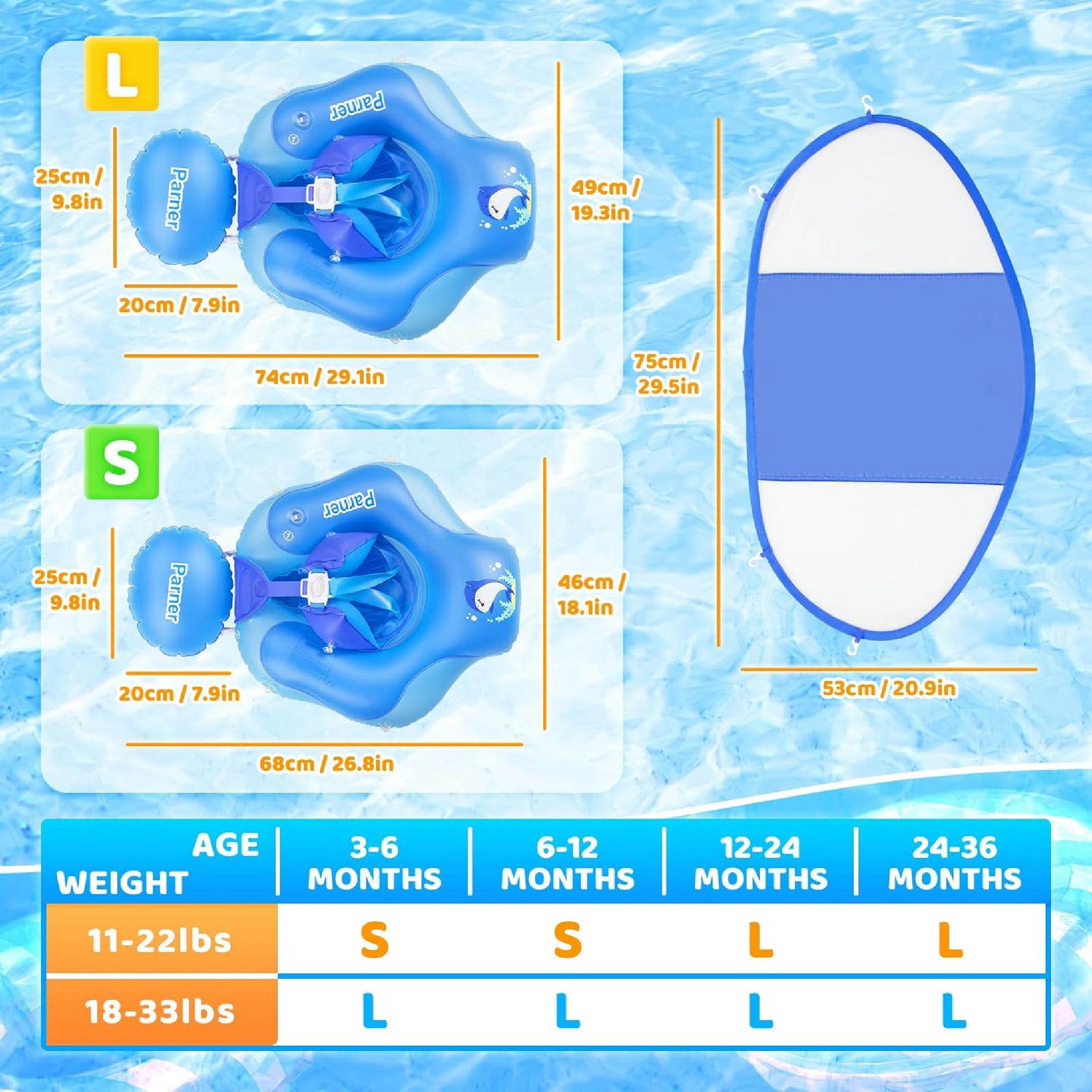 Parner Baby Schwimmring mit verstellbare Schultergurte, Schwimmreifen Baby, Baby Float Aufblasbare schwimmreifen Baby für Baby ab 3-36 Monate (blue S) Hauptansicht