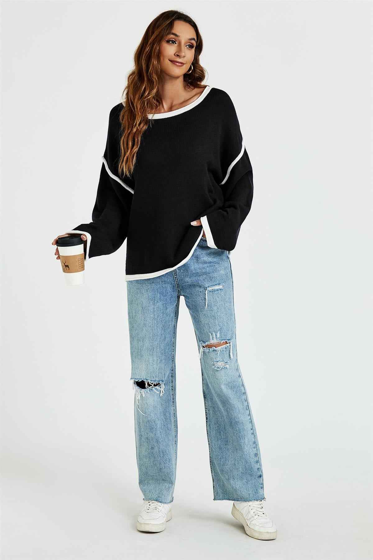 White Striped Oversized Jumper Top In Black