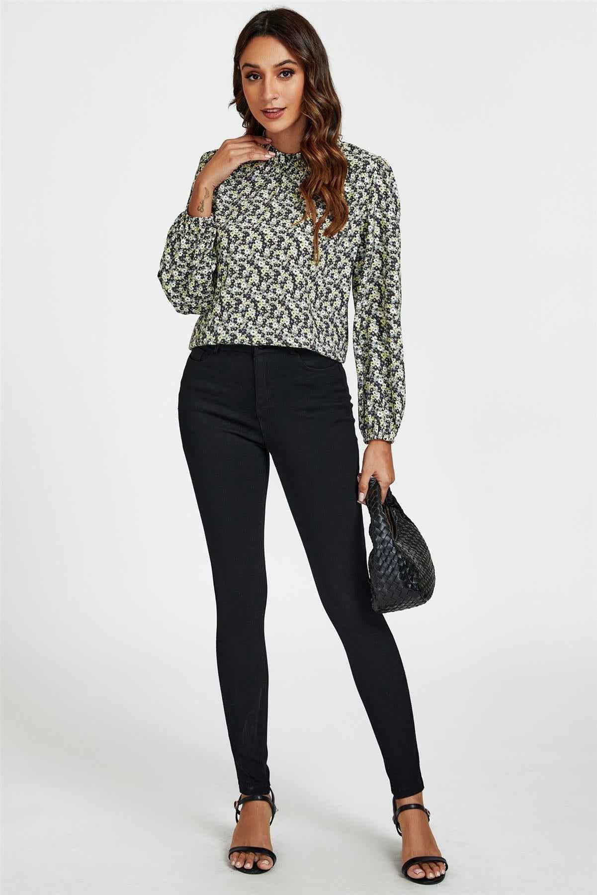 Multi Floral Print Frill Detail High Neck Top In Yellow