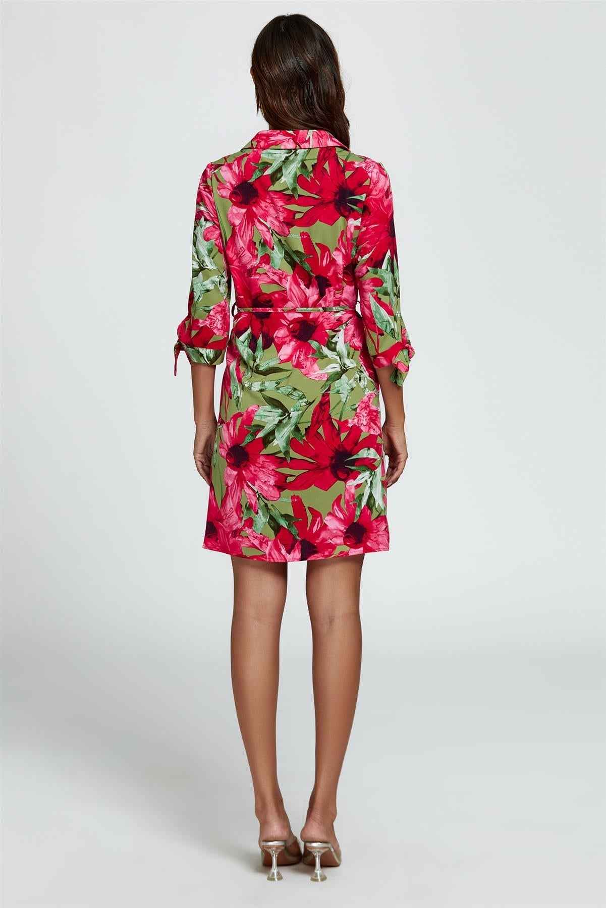 Floral Print Shirt Mini Dress In Red