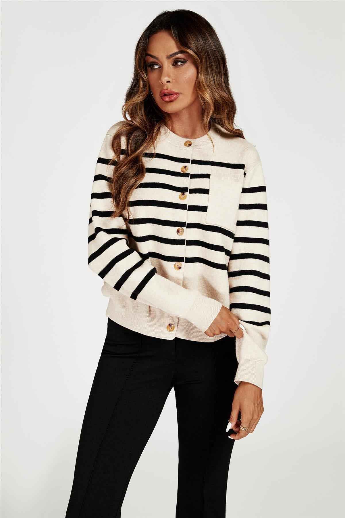 Pocket Stripe Knitted Cardigan In Cream