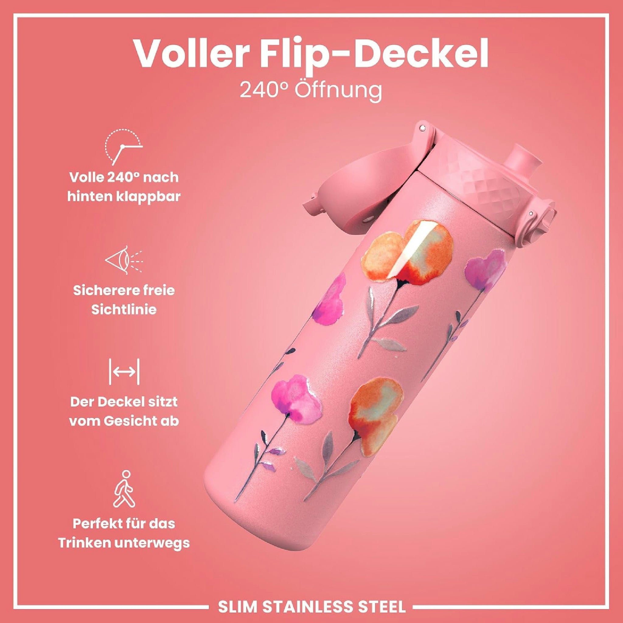 ION8 Stahl-Trinkflasche, 600 ml, Auslaufsicher, Einhandöffnung, Sichere Verriegelung, Spülmaschinenfest, Klappdeckel, Tragegriff, Leicht zu Reinigen, Langlebig, Blume-Design Hauptansicht