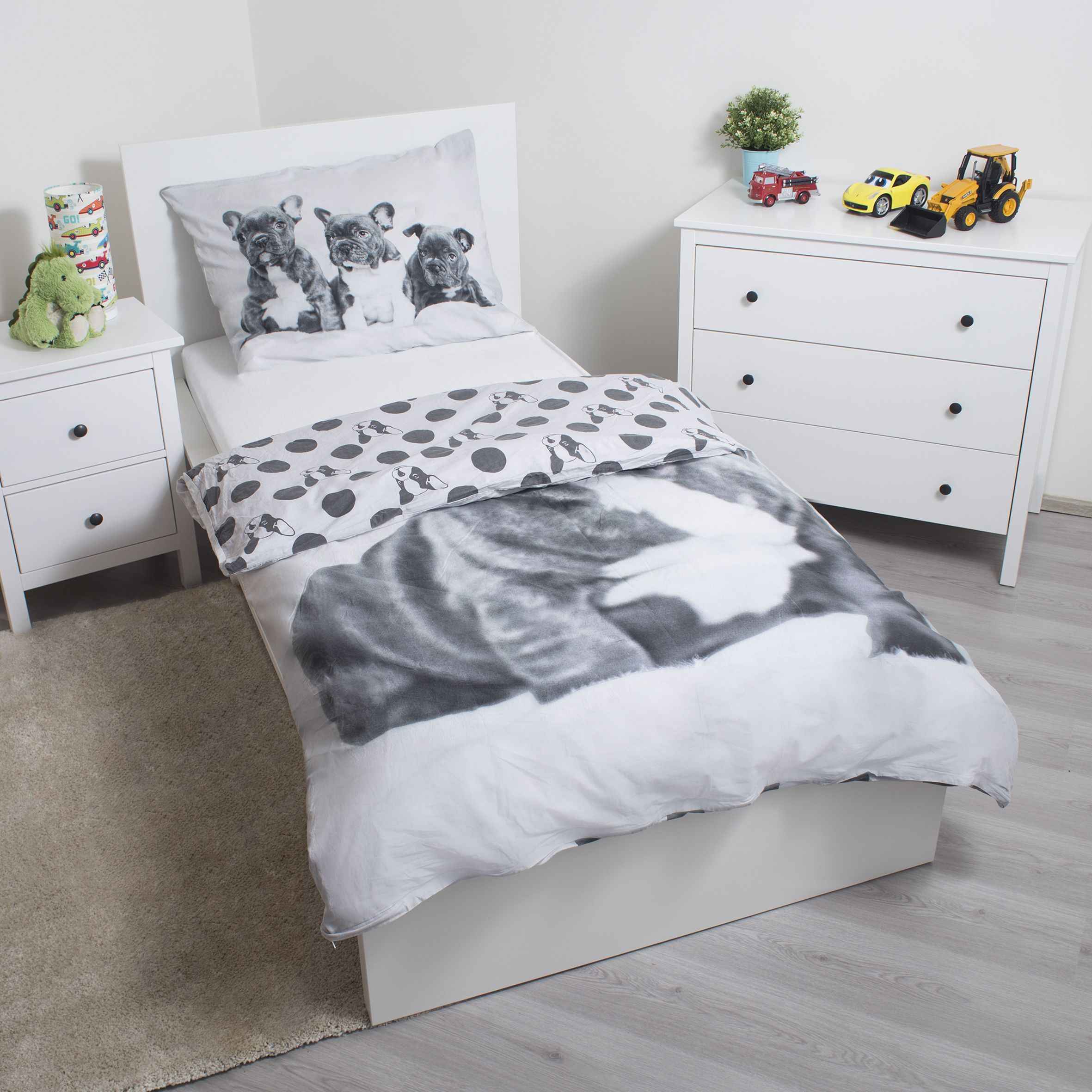 Bulldogge Bettwäsche - weiche Baumwolle 140x200 cm Kissen und Decke