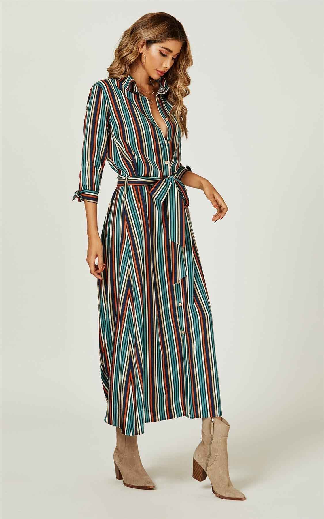 Stripe Print Maxi Shirt Dress In Navy