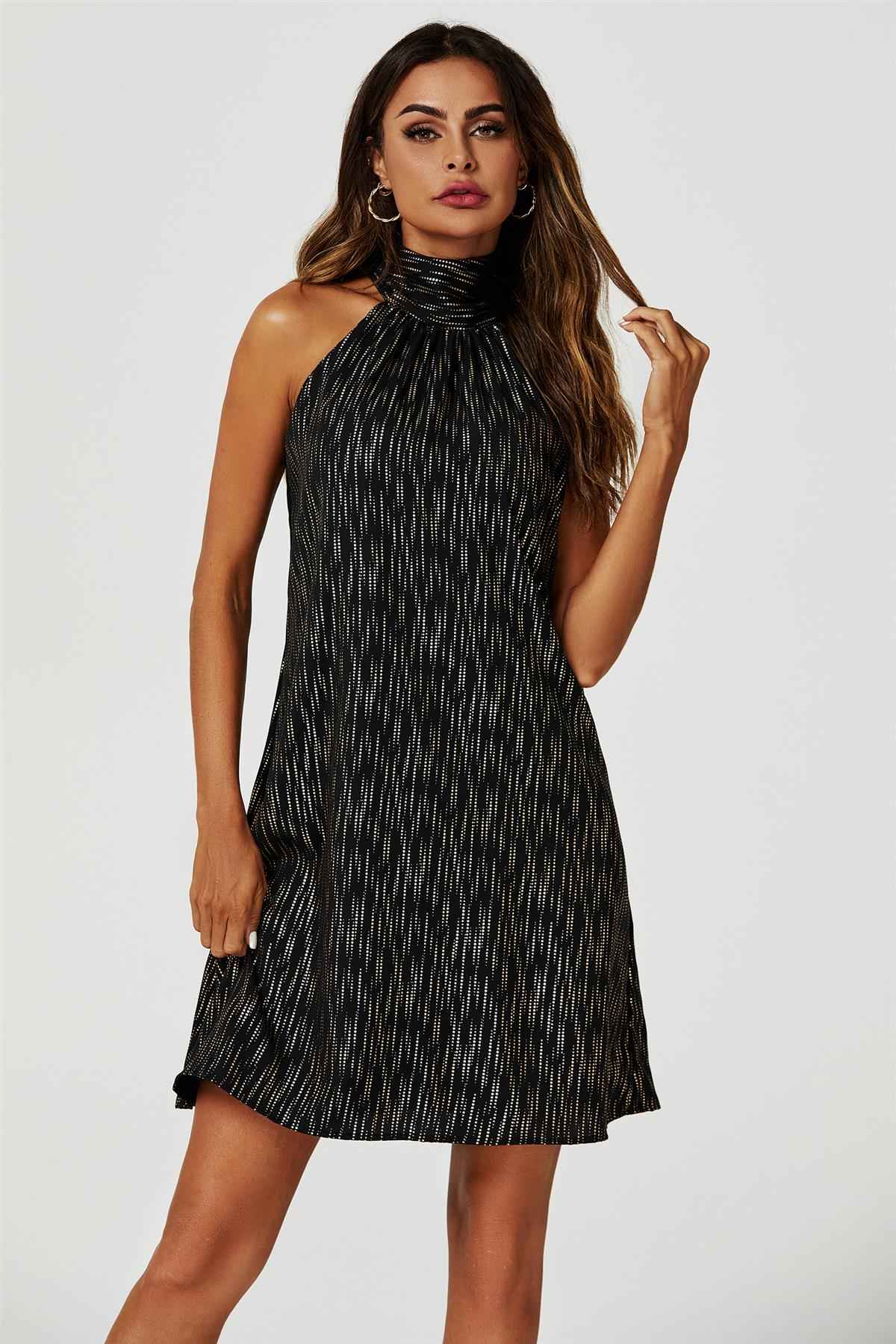 Gold Foil Halter Neck Tie Back Mini Dress In Black