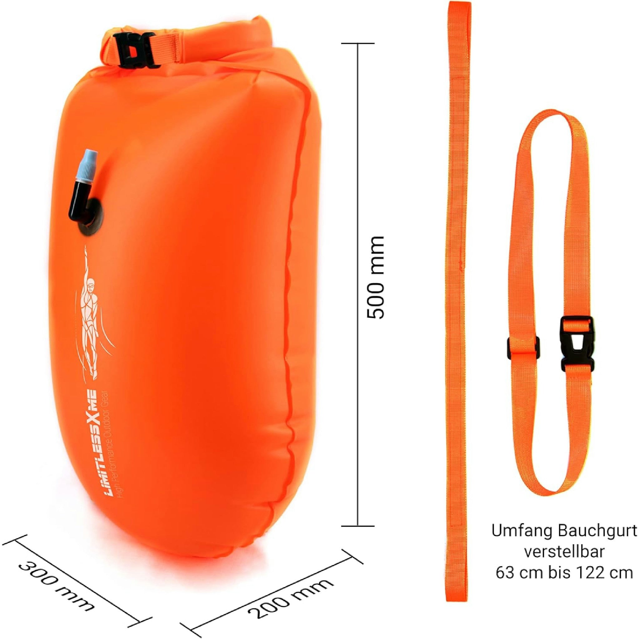 LimitlessXme Schwimmboje & Trockensack — 28l Orange. Sicherheit beim Schwimmen, Open Water und Triathlon. Swimming Buoy, Swim Bubble, Schwimm Boj aufblasbar Hauptansicht