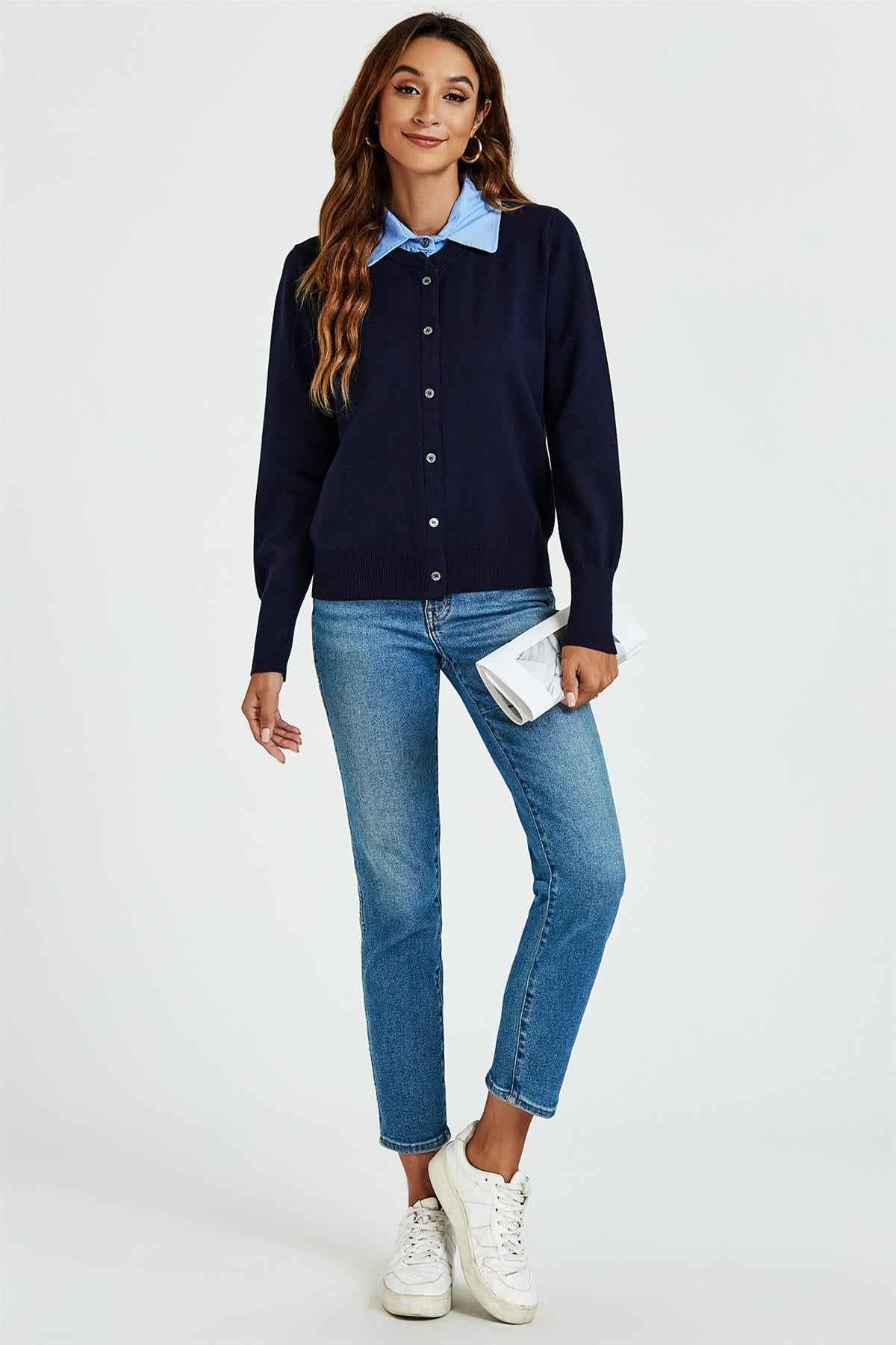 Shirt Collar Knitted Cardigan In Navy