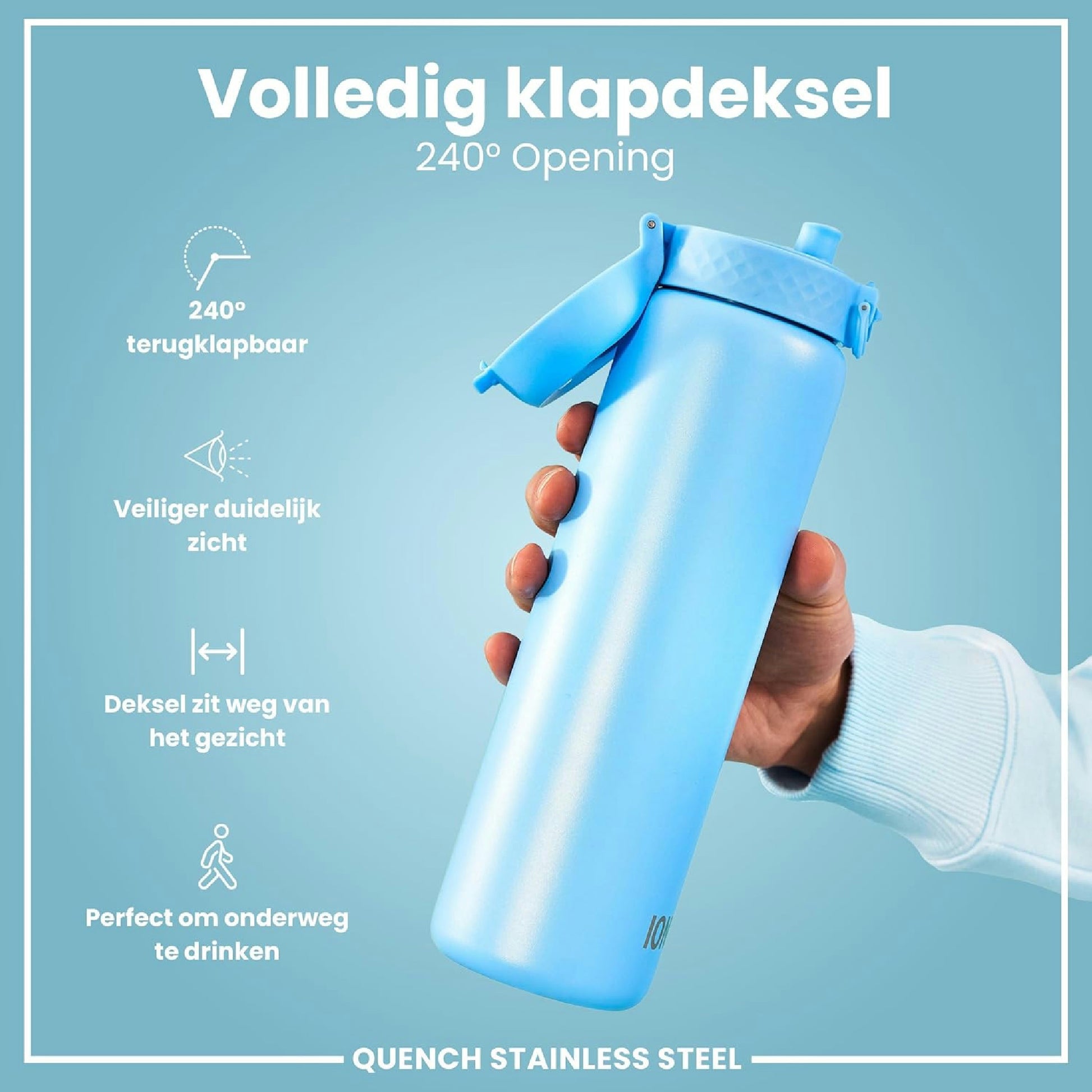 Ion8 Gourde Inox 1 Litre, Anti-Fuite, Facile à Ouvrir, Verrouillage Sécurisé, Lavable au Lave-Vaisselle, Poignée de Transport, Durable et Résistant aux Rayures, Acier Inoxydable, 1200ml, Bleu D'Alaska Hauptansicht