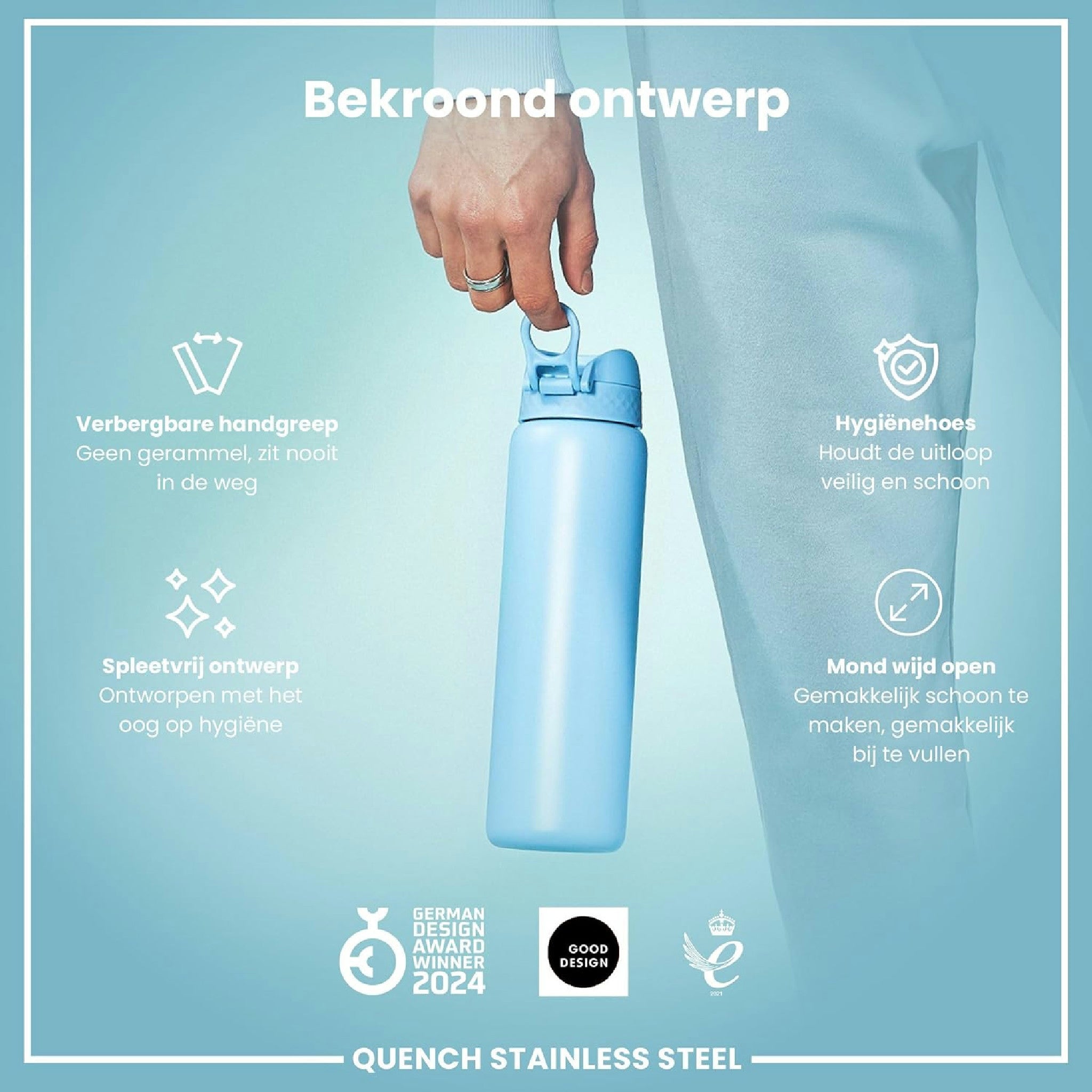 Ion8 Gourde Inox 1 Litre, Anti-Fuite, Facile à Ouvrir, Verrouillage Sécurisé, Lavable au Lave-Vaisselle, Poignée de Transport, Durable et Résistant aux Rayures, Acier Inoxydable, 1200ml, Bleu D'Alaska Hauptansicht
