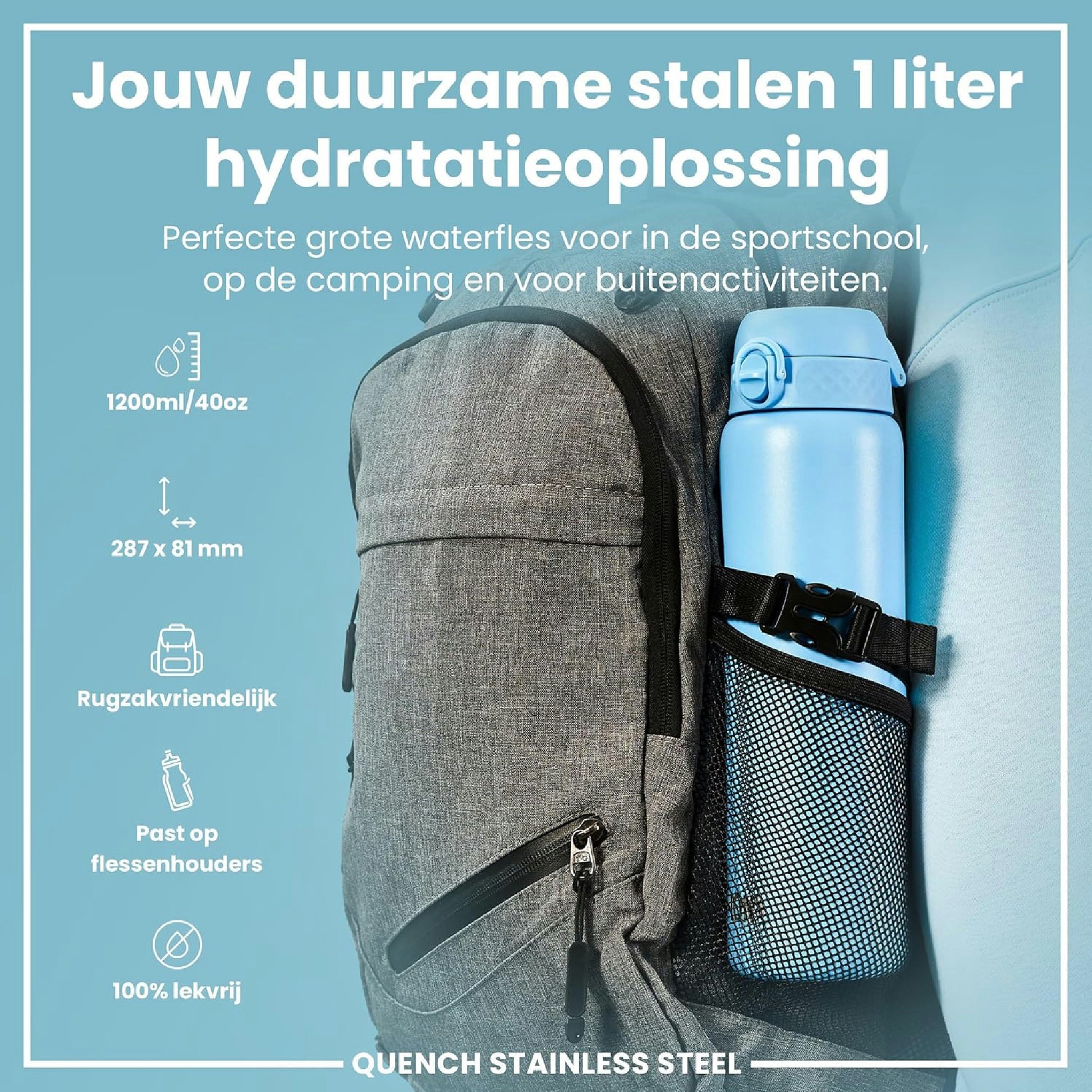 Ion8 Gourde Inox 1 Litre, Anti-Fuite, Facile à Ouvrir, Verrouillage Sécurisé, Lavable au Lave-Vaisselle, Poignée de Transport, Durable et Résistant aux Rayures, Acier Inoxydable, 1200ml, Bleu D'Alaska Hauptansicht