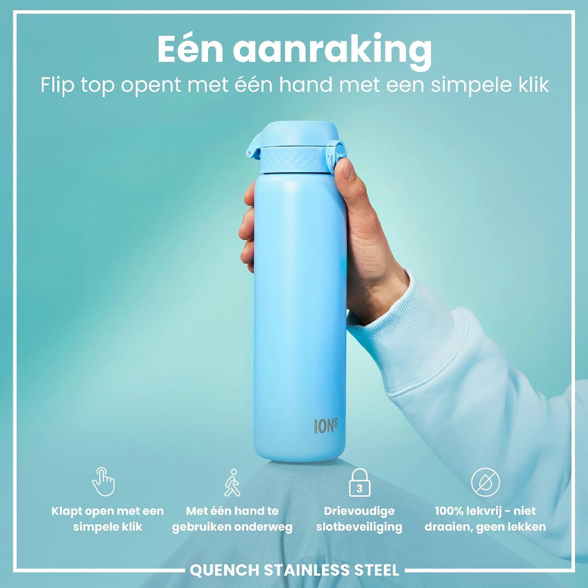 Ion8 Gourde Inox 1 Litre, Anti-Fuite, Facile à Ouvrir, Verrouillage Sécurisé, Lavable au Lave-Vaisselle, Poignée de Transport, Durable et Résistant aux Rayures, Acier Inoxydable, 1200ml, Bleu D'Alaska Hauptansicht