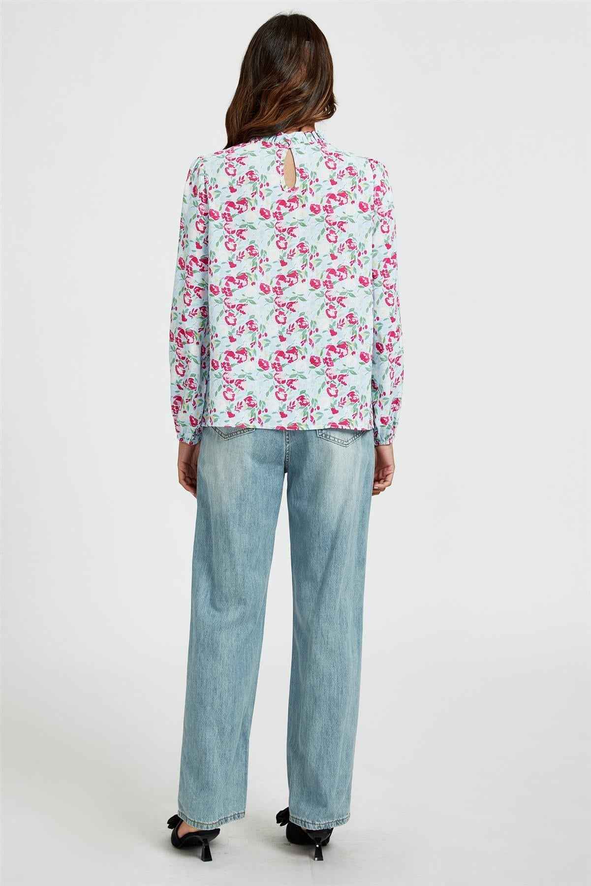 Floral Print Frill Detail High Neck Top In Blue & Pink