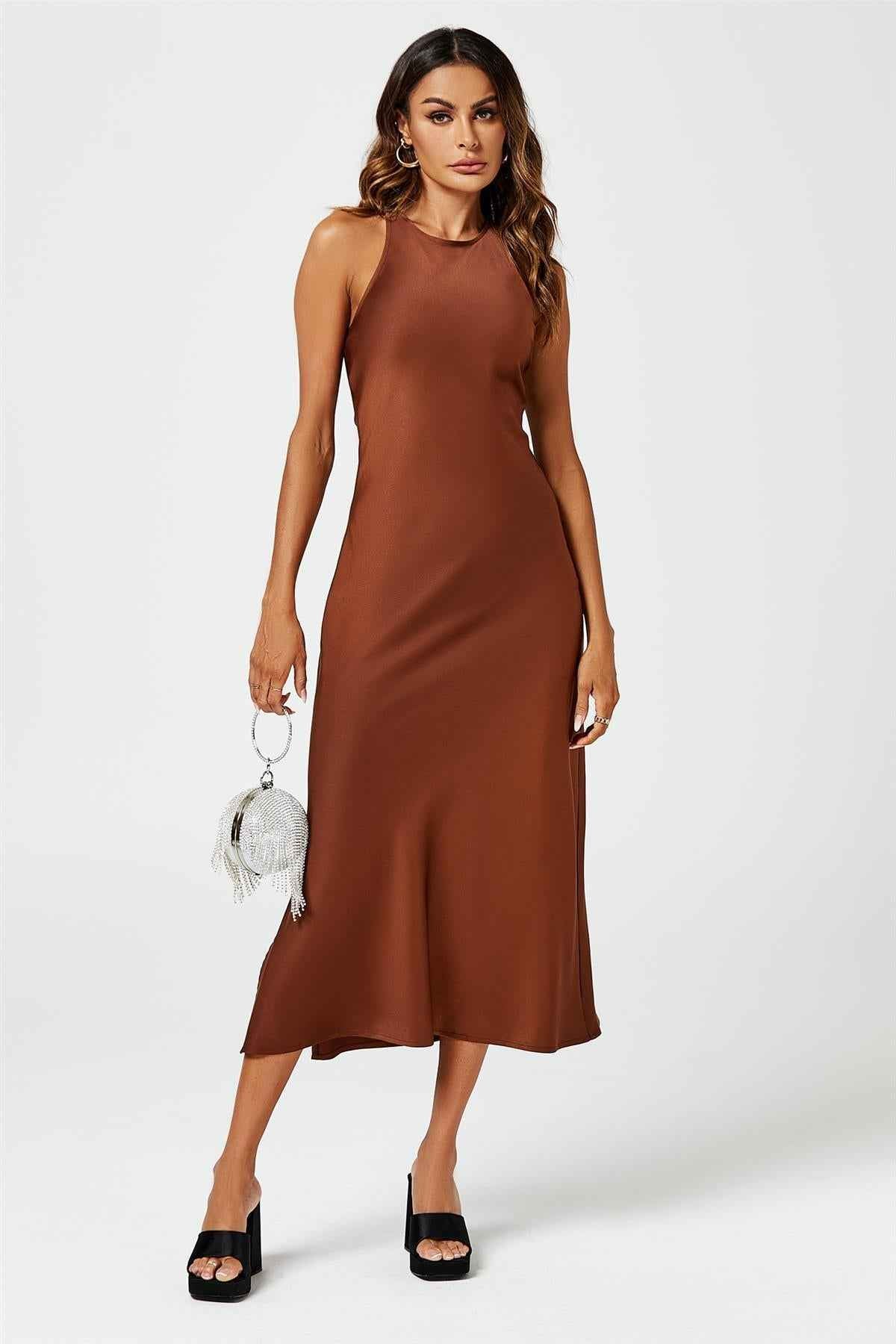 Slim-Fit Satin Midi Dress In Brown