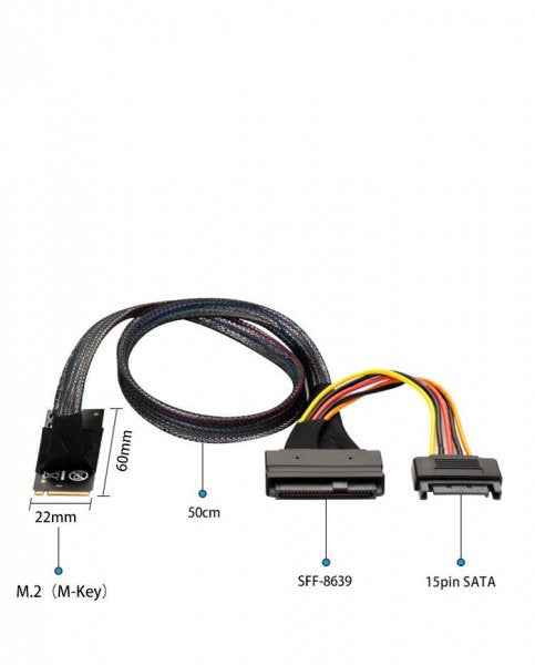 SYSTEM-S M.2 (M-Key) zu U.2 SFF-8639 NVMe Adapter-Kabel – 50 cm – mit SATA-Stromanschluss