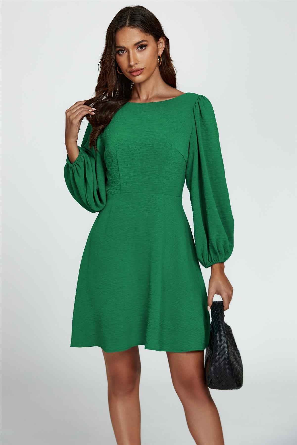 Back V Neck Mini Dress In Green
