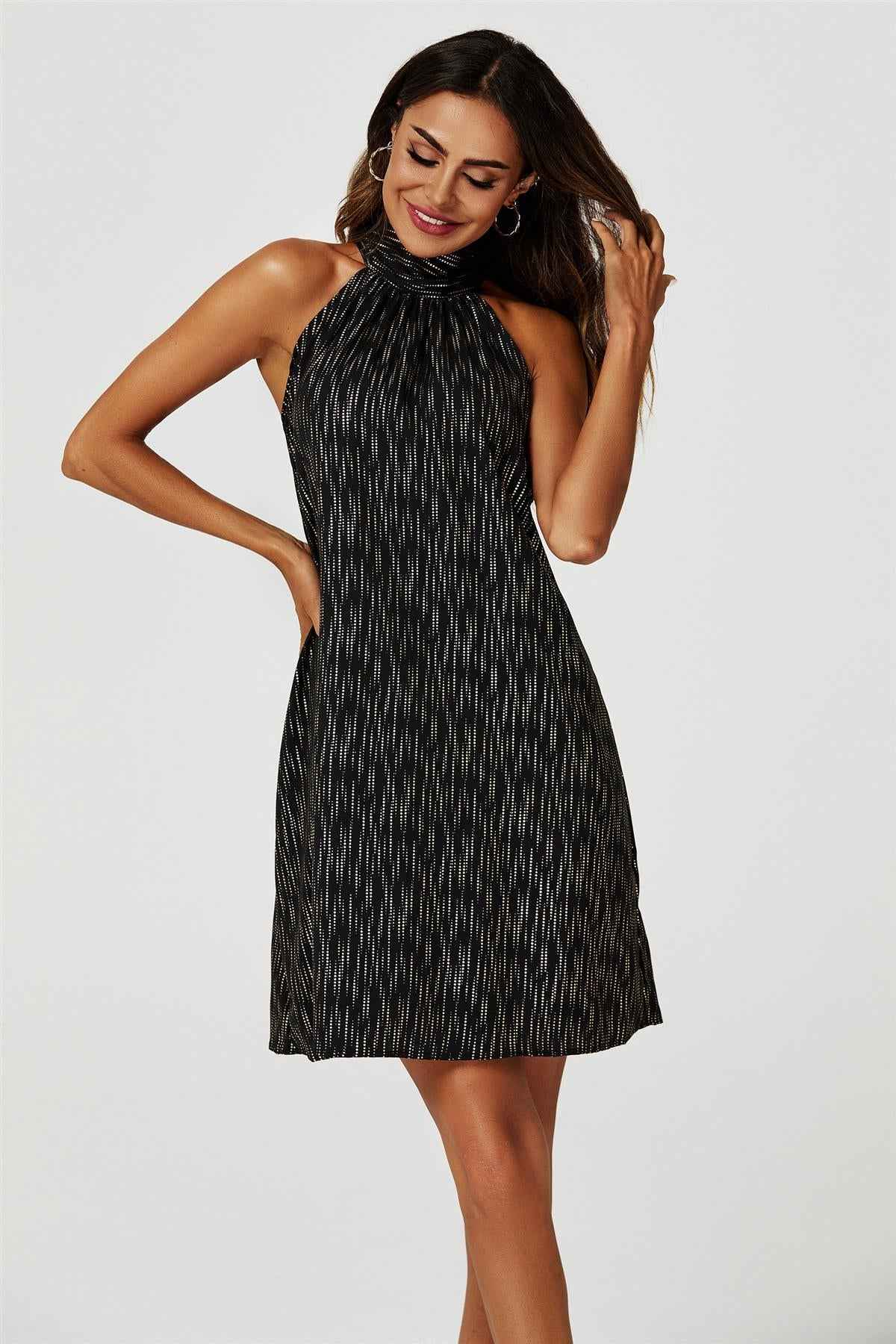 Gold Foil Halter Neck Tie Back Mini Dress In Black