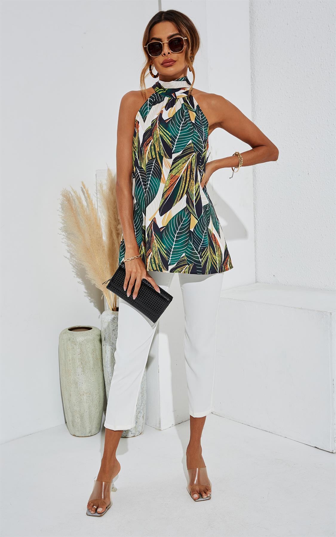 Zeus Leaf Print Träger-Top in Grün mit Bindeband und floralem Muster