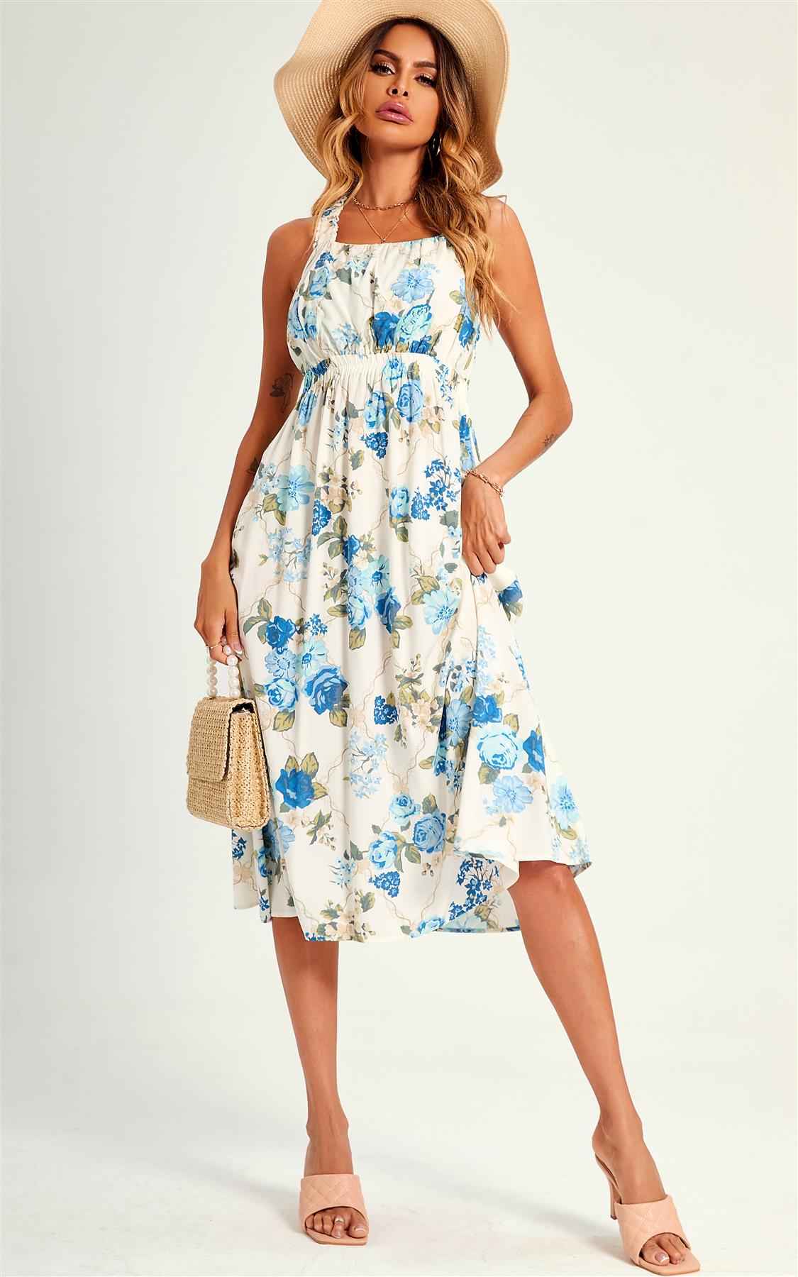Pretty Flora Print Cross Back Midi Dress In White